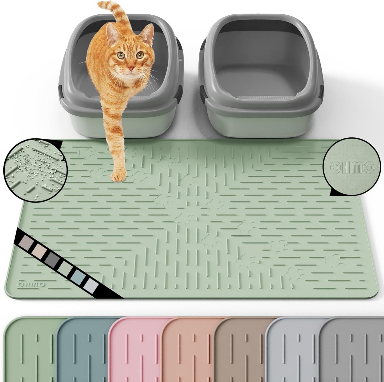 OHMO Cat Litter Mat Large Trapping Mat Premium Silicone Rubber 31.5×23.6″ Sage Green, Waterproof and BPA Free Kitty Litter Box Mat, Easy to Clean and Keeps The Floor Tidy
