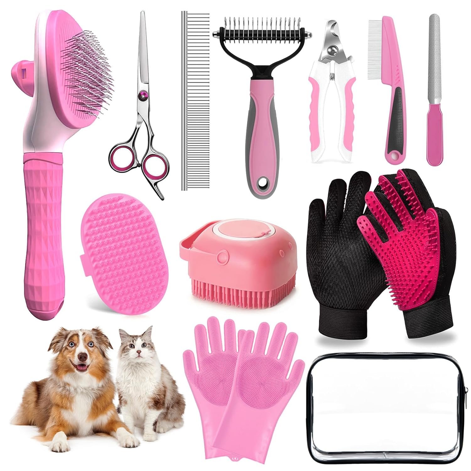 Dog Brush for Shedding 13pcs Bath Grooming Kit with Pet Nail Clipper and File – Dog Bath Brush Cat Grooming Supplies, Dematting Comb Bath Brush Shampoo Scrubber for Dogs and Cats