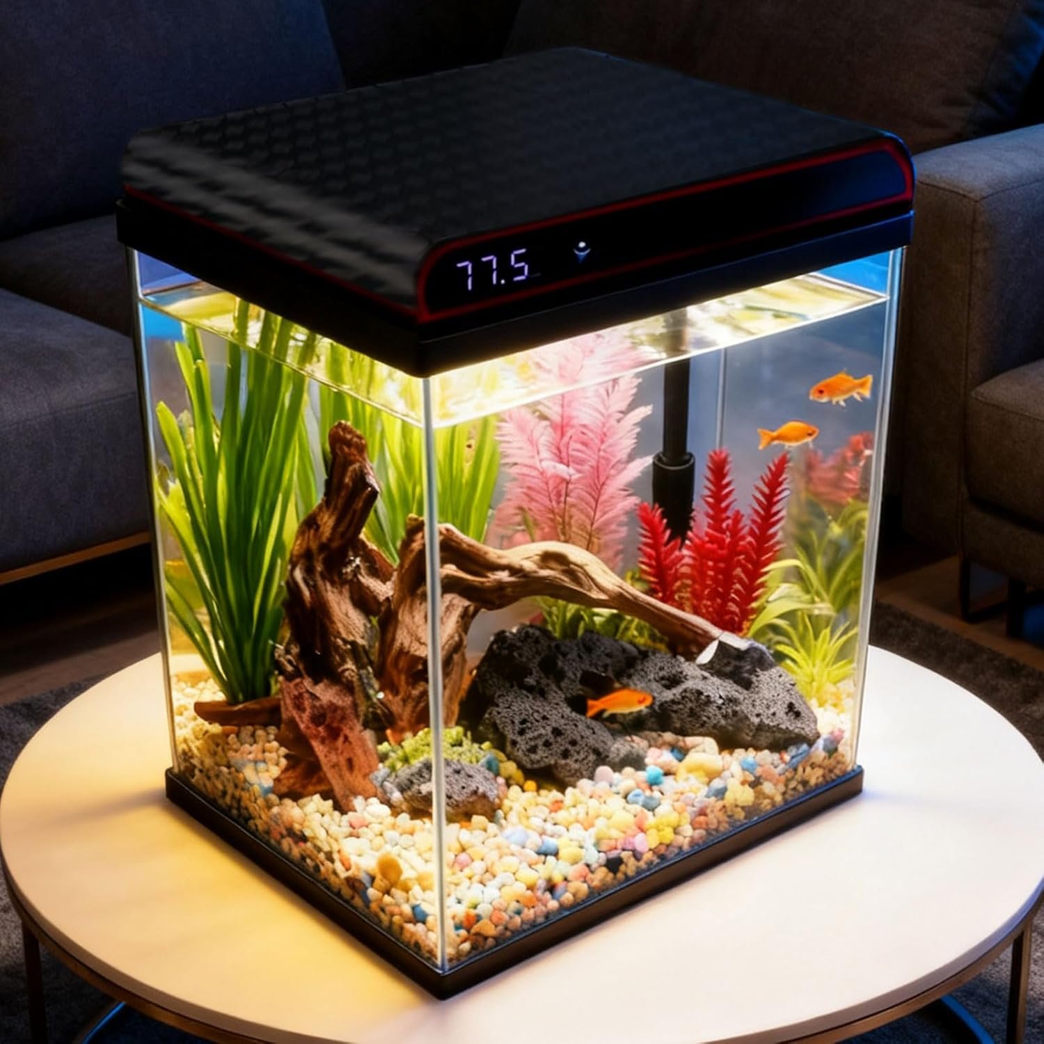 Coospider 5 Gallon Glass Fish Tank, Aquarium Starter Kit, Self-Cleaning Aquarium Kit with Ultra-Quiet Filter Pump, 3-Color LED Lights, Temp Monitoring for Fish, Shrimp, Kids Gift Idea