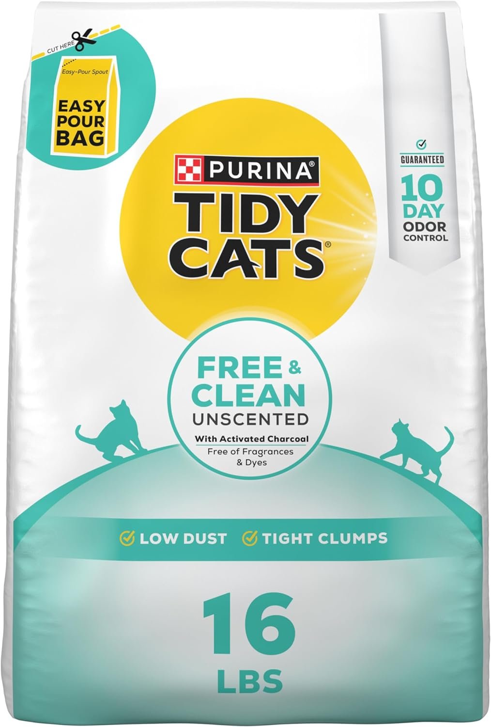 Purina Tidy Cats Clumping Cat Litter Odor Control, Free and Clean Unscented Multi Cat Litter – 16 lb. Bag