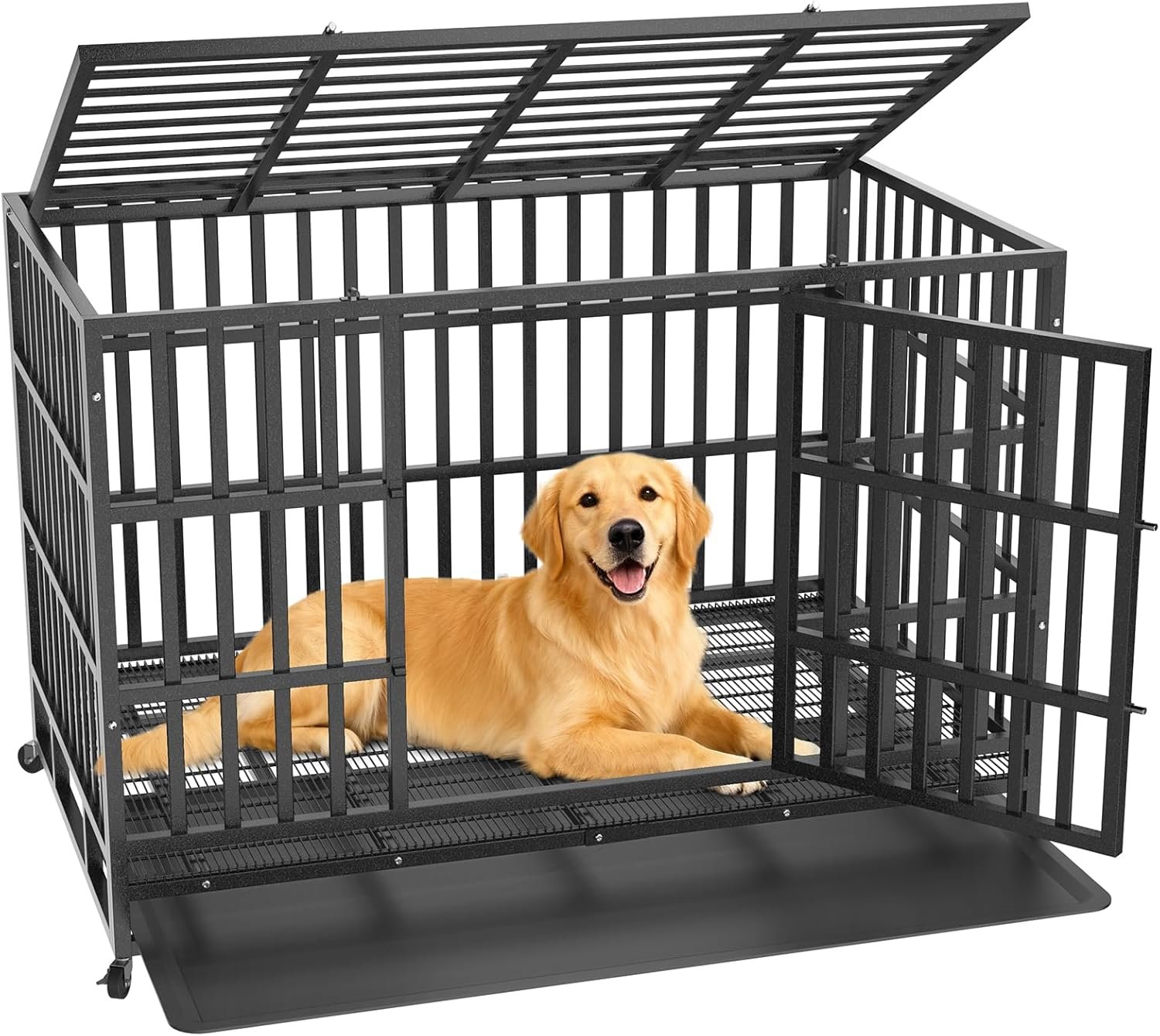 48 Inch Heavy Duty Dog Crate, Indestructible Escape-Proof Dog Kennel for High Anxiety Large Dogs, Strong Metal Pet Cage with Double Doors, Lockable Wheels & Removable Tray, XL XXL XXXL
