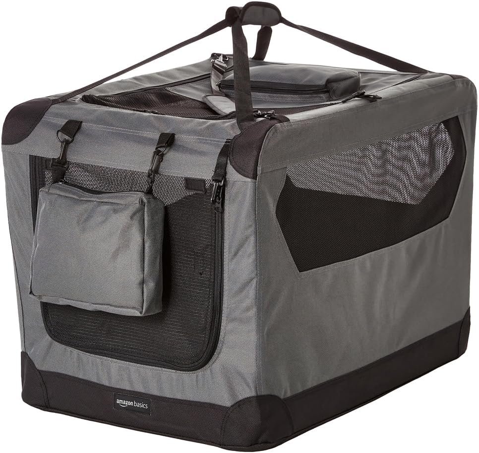 Amazon Basics Folding Portable Soft Pet Dog Crate Carrier Kennel with Fleece Pad, 30 x 21 x 21 inches, Grey