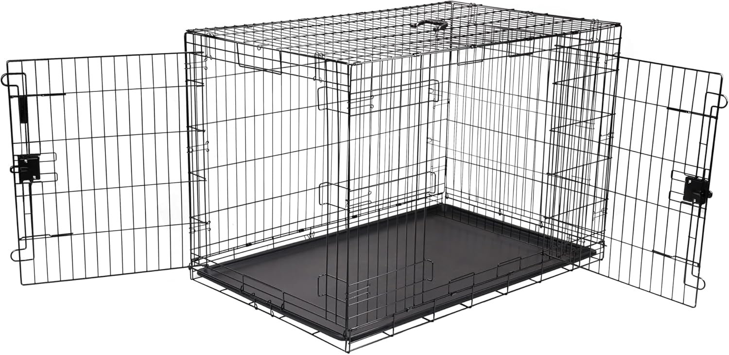 Amazon Basics Portable Metal Wire Dog Crate for Large Dogs, Double Door with Removable Tray, Divider Panel, Easy to Assemble, 48″ x 30″ x 32.5″, Black