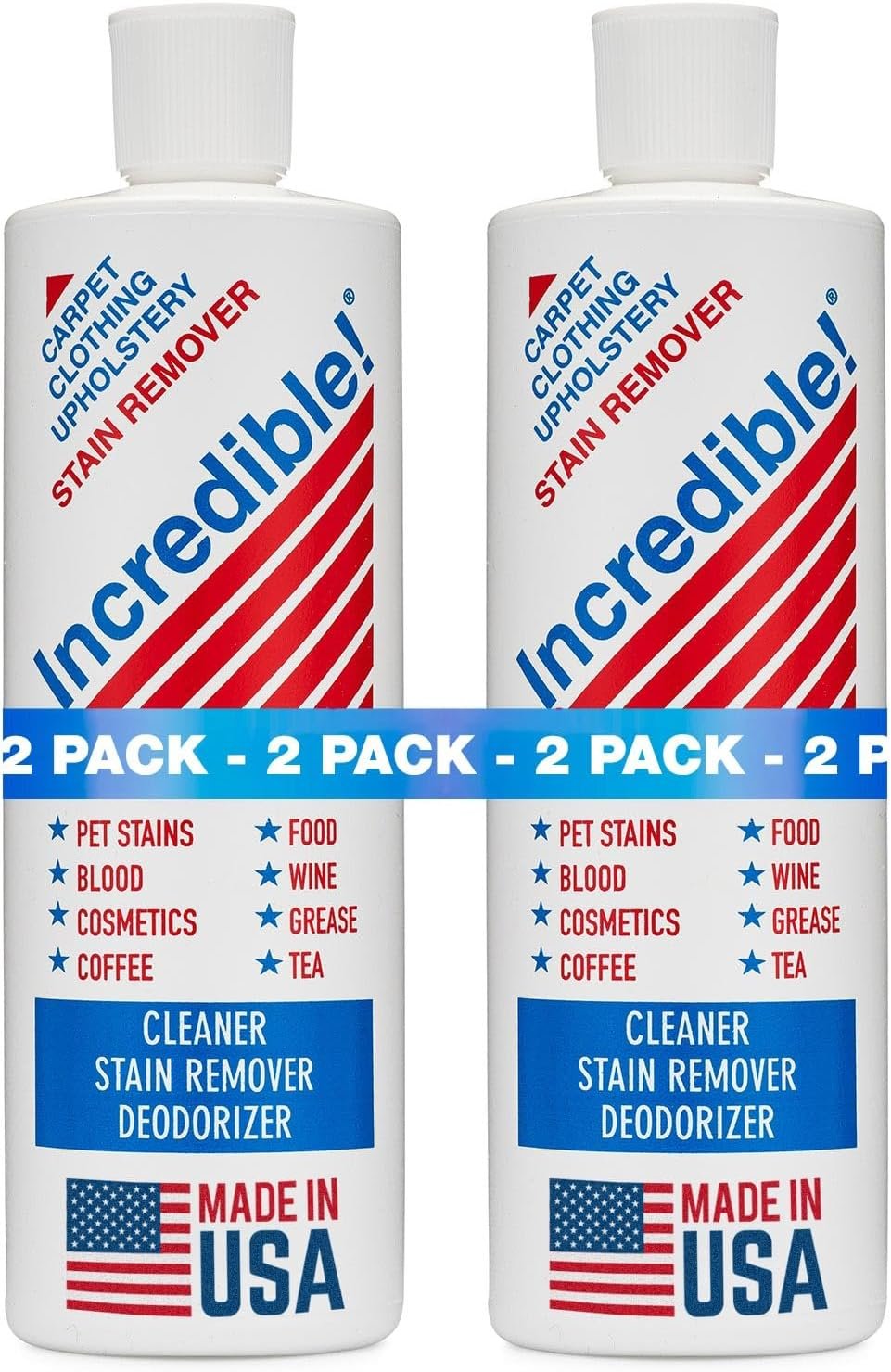 INCREDIBLE! Stain Remover – Instant Spot Remover For New and Old Stains – Blood, Red Wine, Coffee, Urine, Cosmetics, Pet Stains and Odor Eliminator – Carpets, Mattress, Laundry, 16.oz (2 Pack)