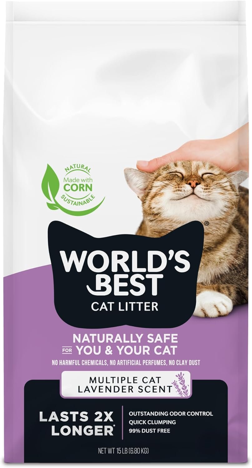 WORLD’S BEST CAT LITTER Multiple Cat Lavender Scented 15-Pounds – Natural Ingredients, Quick Clumping, Flushable, 99% Dust Free & Made in USA – Calming Fragrance & Long-Lasting Odor Control