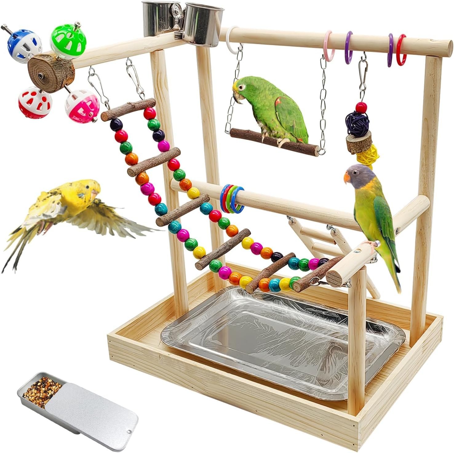PINVNBY Bird Playground Parrot Playstand Play Gym Cockatiel Wood Bird Toys Birds Cage Accessories Playpen Ladder with Feeder Cups Hanging Swing Toys for Parakeet Conure Lovebird Cockatiel