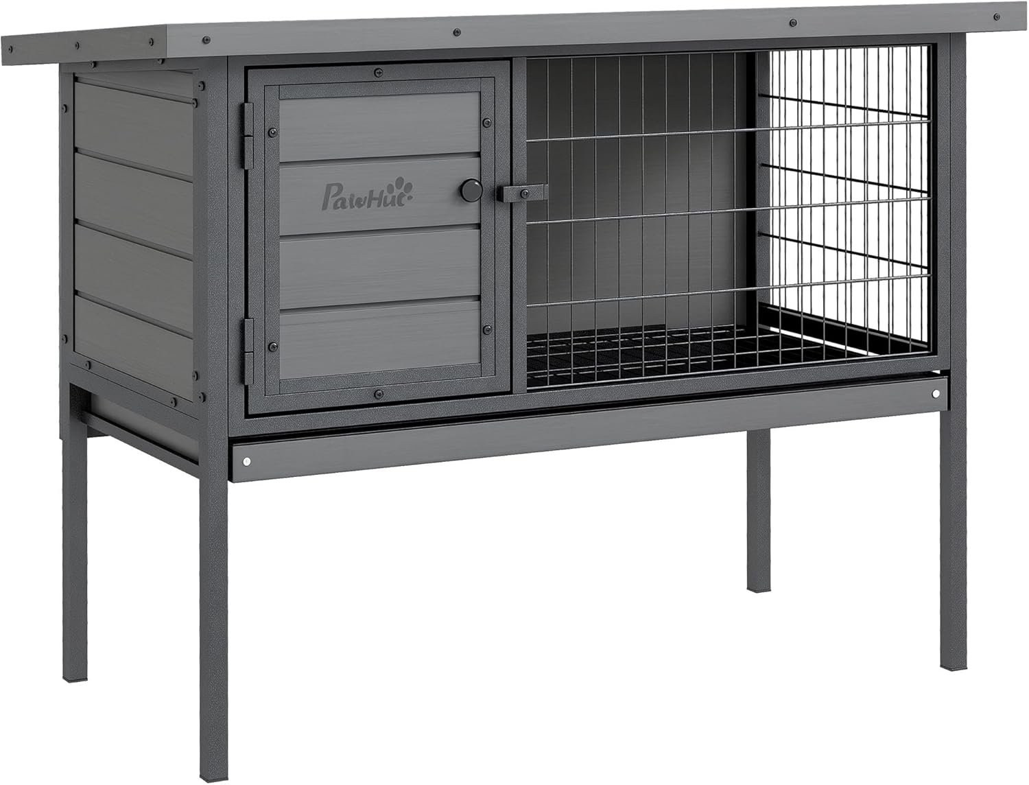 PawHut Rabbit Hutch Elevated Bunny Cage Small Animal Habitat with Metal Frame, No Leak Tray, Metal Wire Pan and Openable Water-Resistant Asphalt Roof for Indoor/Outdoor Gray