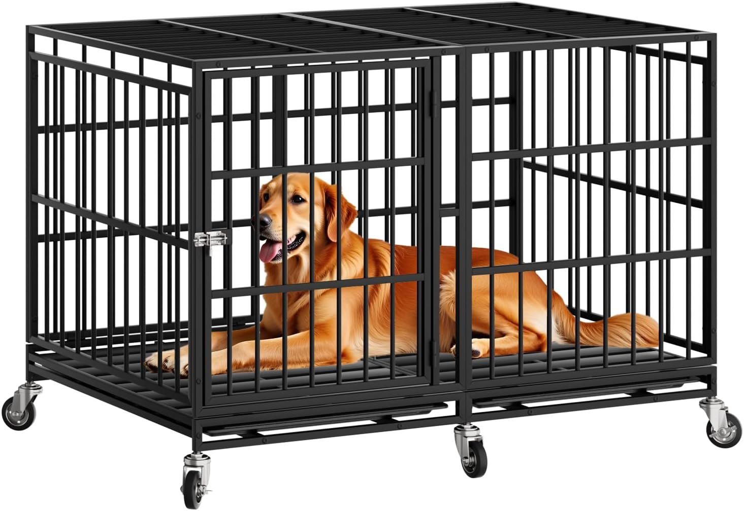 48 Inch Heavy Duty Dog Crate with Wheels，Indestructible Escape-Proof Dog Cage for Large Dogs, Extra Large XL XXL Indestructible Dog Crate with Removable Tray.