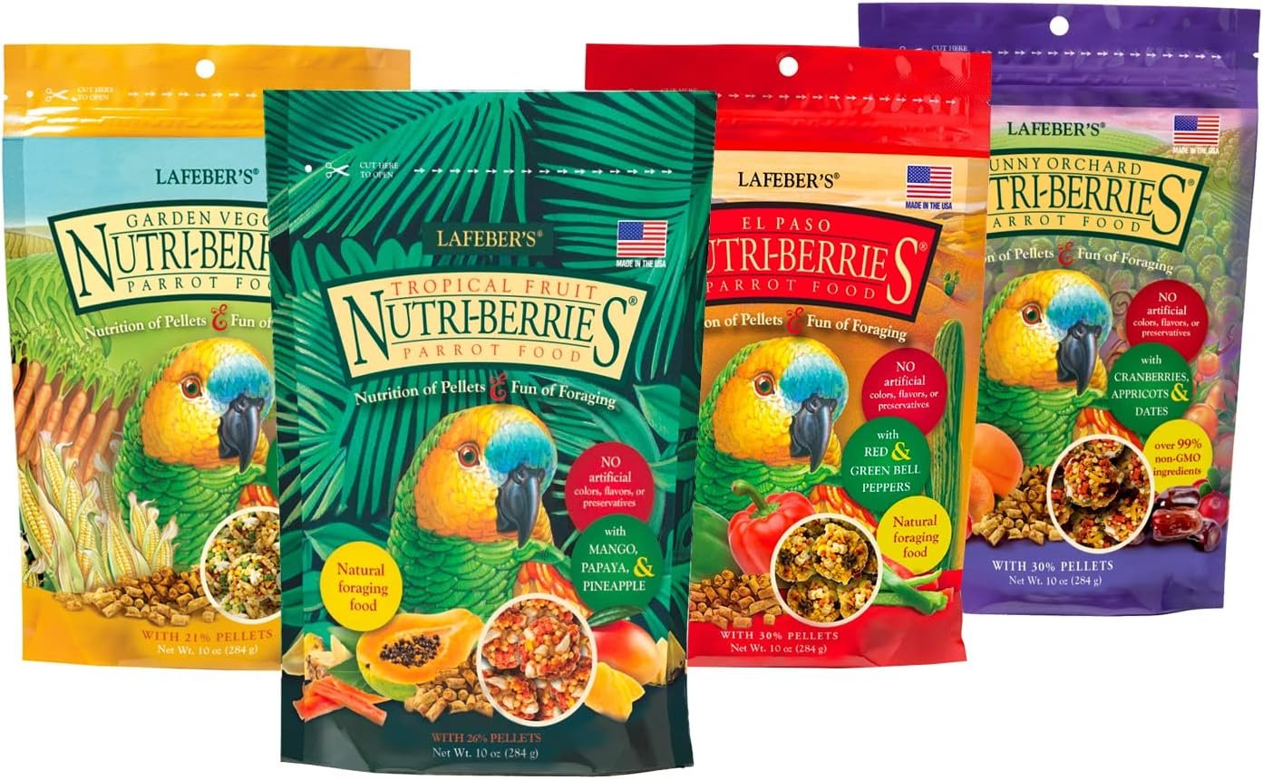 LAFEBER’S Gourmet Nutri-Berries Pet Bird Food Variety Sampler Bundles, Made with Non-GMO and Human-Grade Ingredients, for Parrots, 10 oz. Each (4 Pk Bundle)