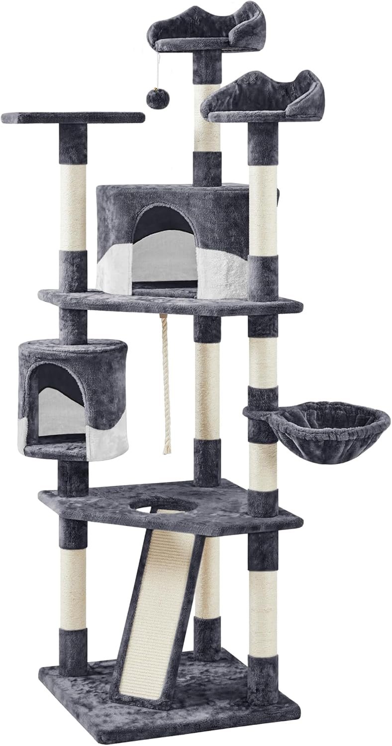Yaheetech 79in Multi-Level Cat Trees Indoor Cat Tower with Sisal-Covered Scratching Posts, Plush Perches and Condo for Kittens, Cats and Pets – Dark Gray and White