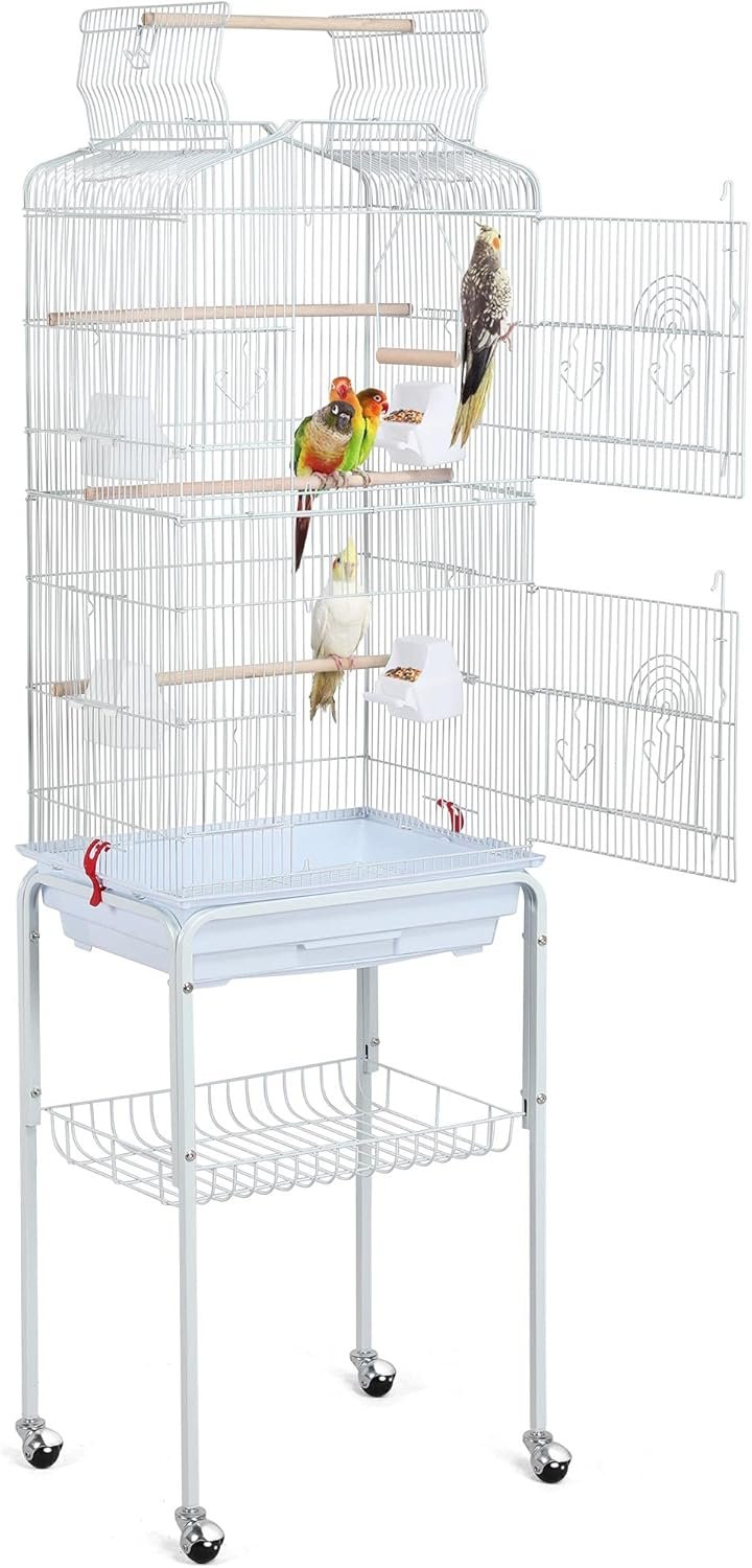 Yaheetech 64-inch Open Play Top Bird Cages for Parakeets Cockatiels Finches Lovebirds Canaries Conures Budgies Parrot Birdcage w/Detachable Rolling Stand, White