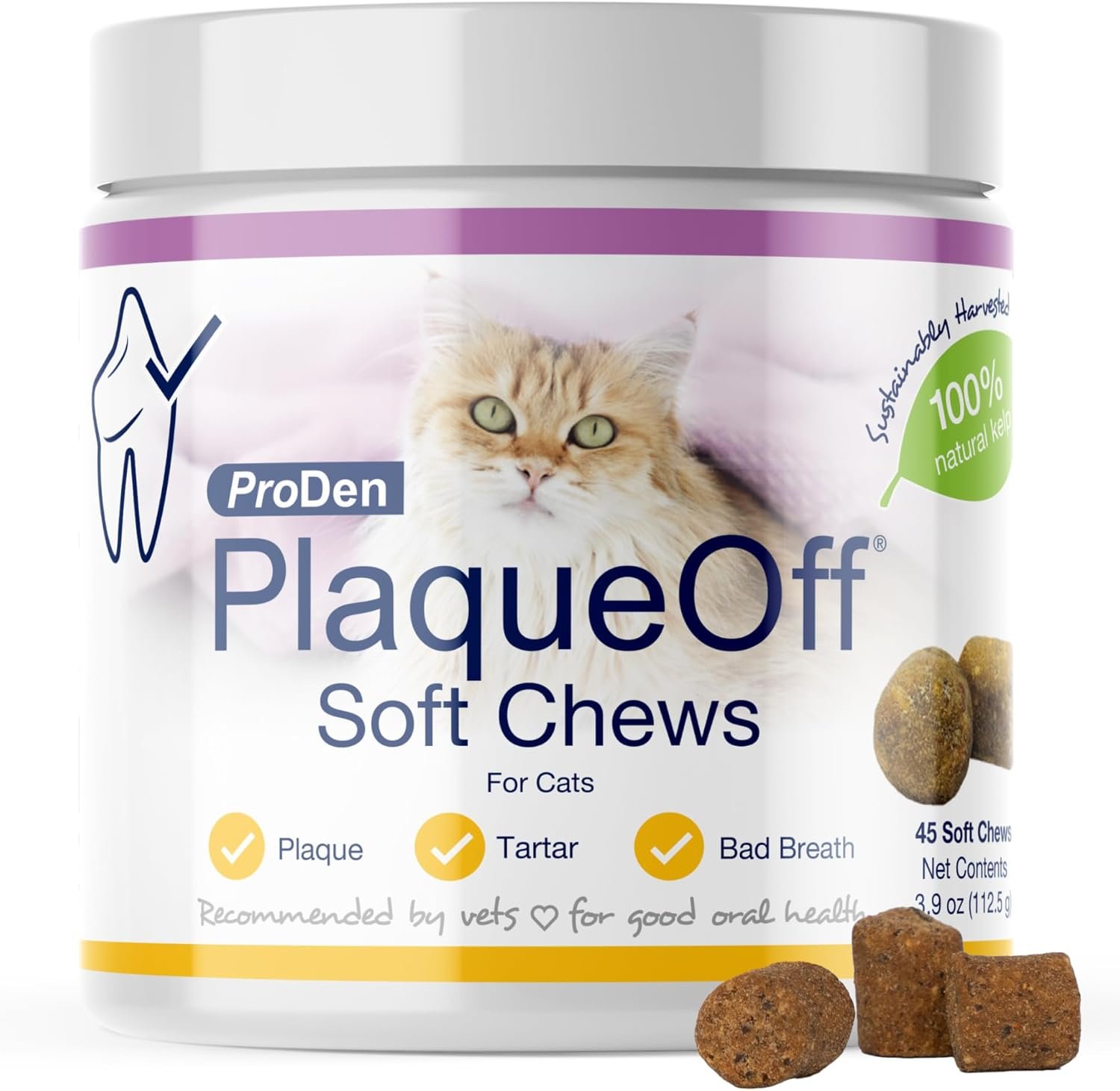 ProDen PlaqueOff Soft Chews with Natural Kelp – for All Breed Cats – Supports Normal, Healthy Teeth, Gums, and Breath Odor in Cats – 45 Soft Chews