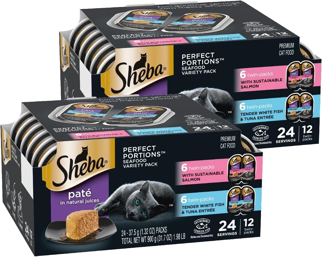 Sheba Perfect Portions Wet Cat Food Pate, Sustainable Salmon and Tender Whitefish & Tuna Entree, Cat Food Wet Recipe Variety Pack, 2.6 oz. Twin-Pack Trays (12 Count, 24 Servings) (Pack of 2)