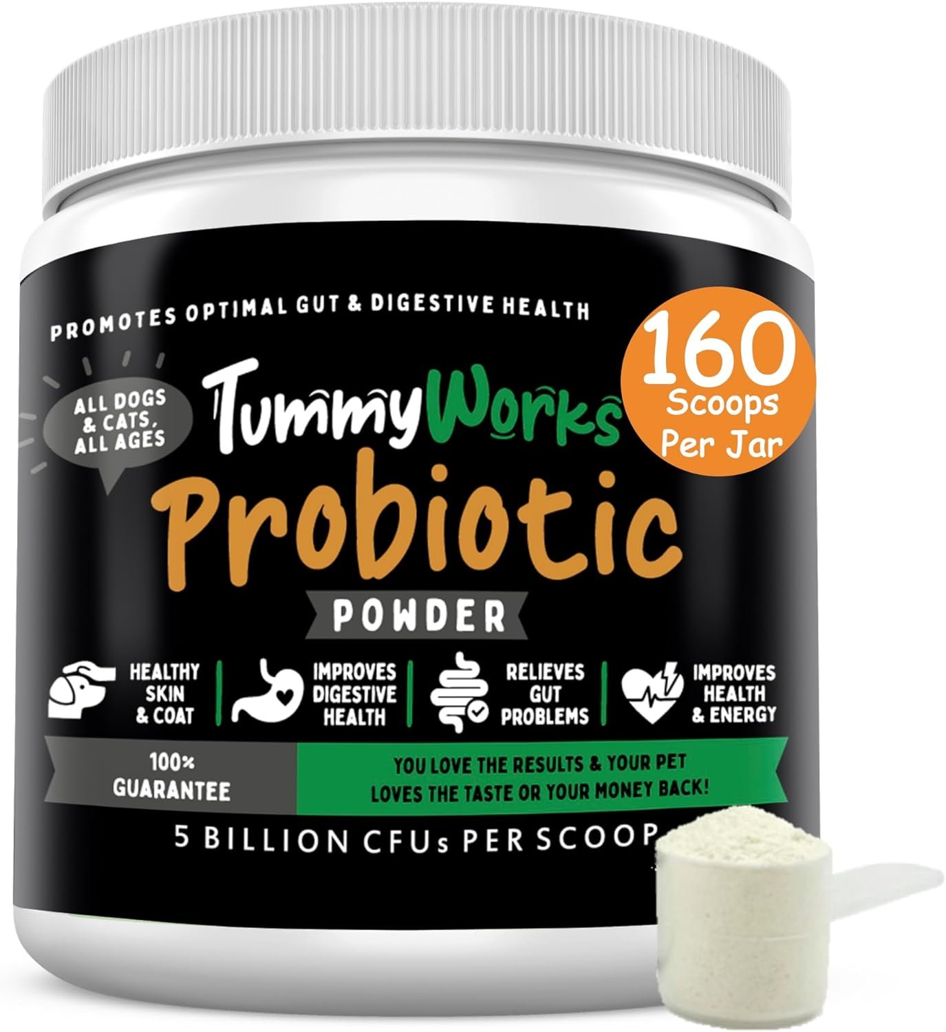 TummyWorks Probiotics for Dogs and Cats. 160 Scoops Probiotic Powder for Digestive Health, Gut, Immunity, Energy, Skin & Coat. 10 Strains, 5 Billion CFUs with 6 Enzymes & Prebiotics. Made in USA.