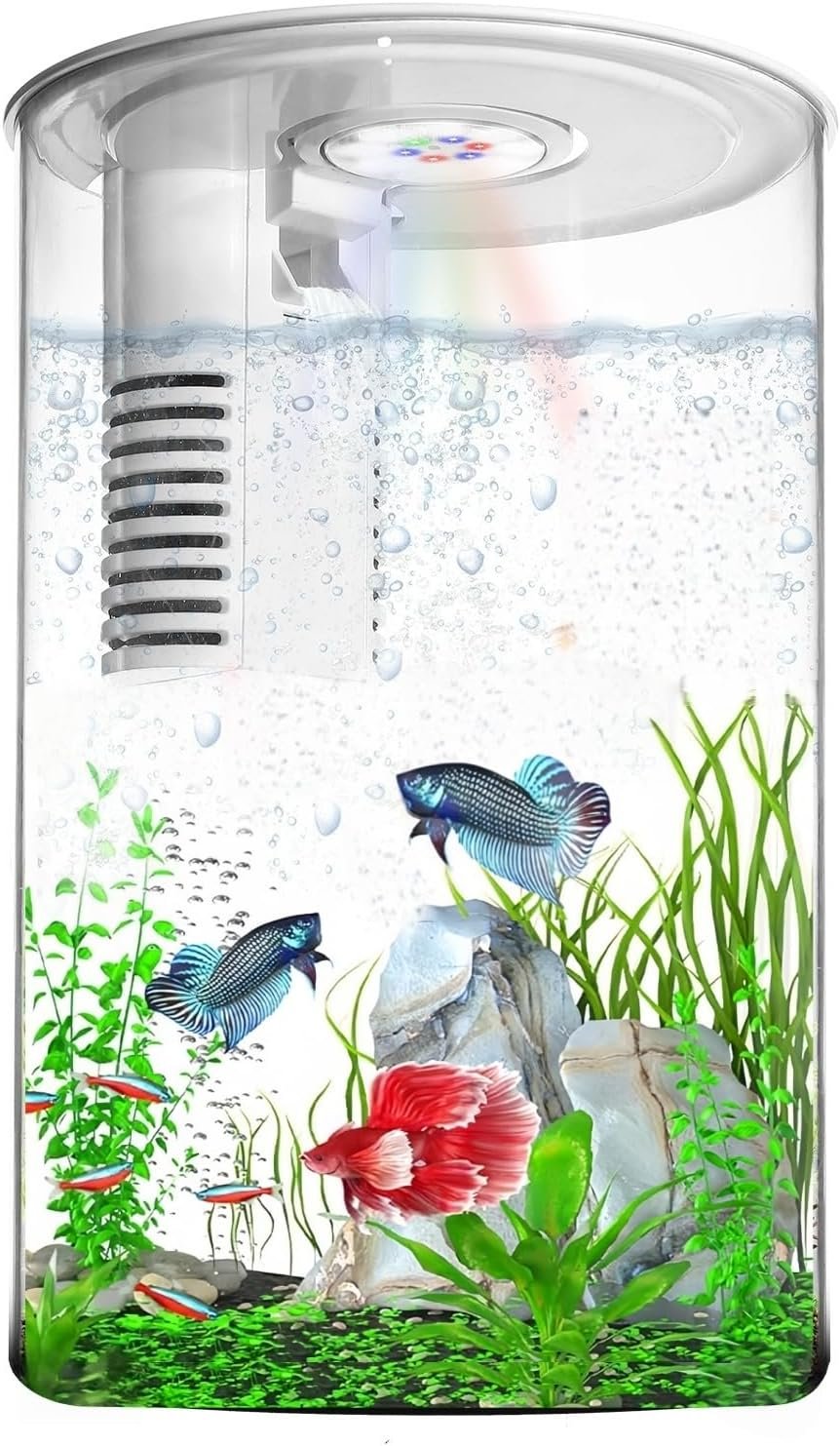Desktop Fish Tank 3 Gallon Self-Cleaning, Nano Aquarium Goldfish Tank Starter Kit with LED Light & Filter, 360 View for Small Fish, Kids Room & Home Decor (17Color Modes, Large)