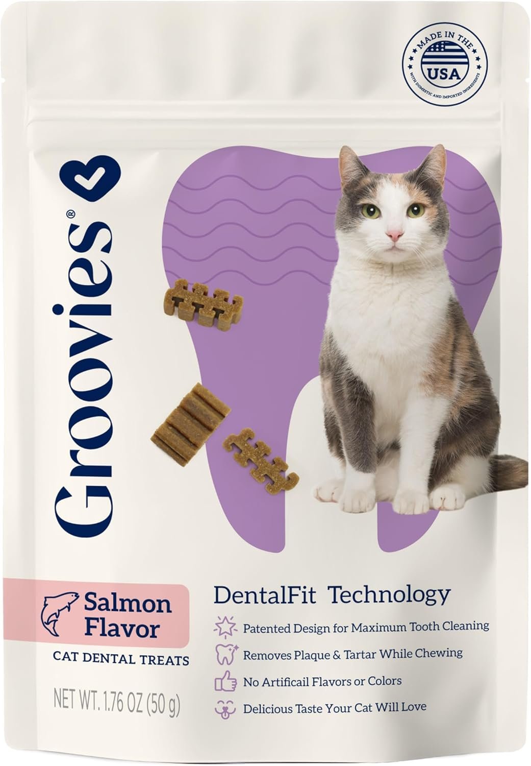 Groovies Cat Daily Dental Treats. Tasty, Crunchy Bites Cats Love. Salmon Flavor. Powered by USA-Patented DentalFit Technology. No Added Gluten, No Artificial Flavors or Colors. 1.76oz (115 Treats)