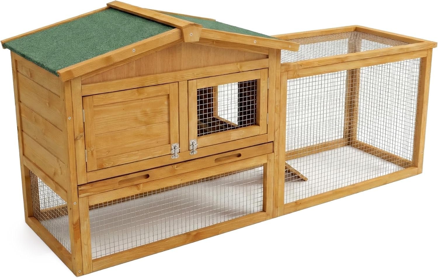 Wooden Rabbit Hutch Indoor and Outdoor, Rabbit Cage with Removable Wire Netting and Leak Proof Tray, Weatherproof Bunny Cage with Anti-Chew Metal Frame Ramp for Small Animals Natural