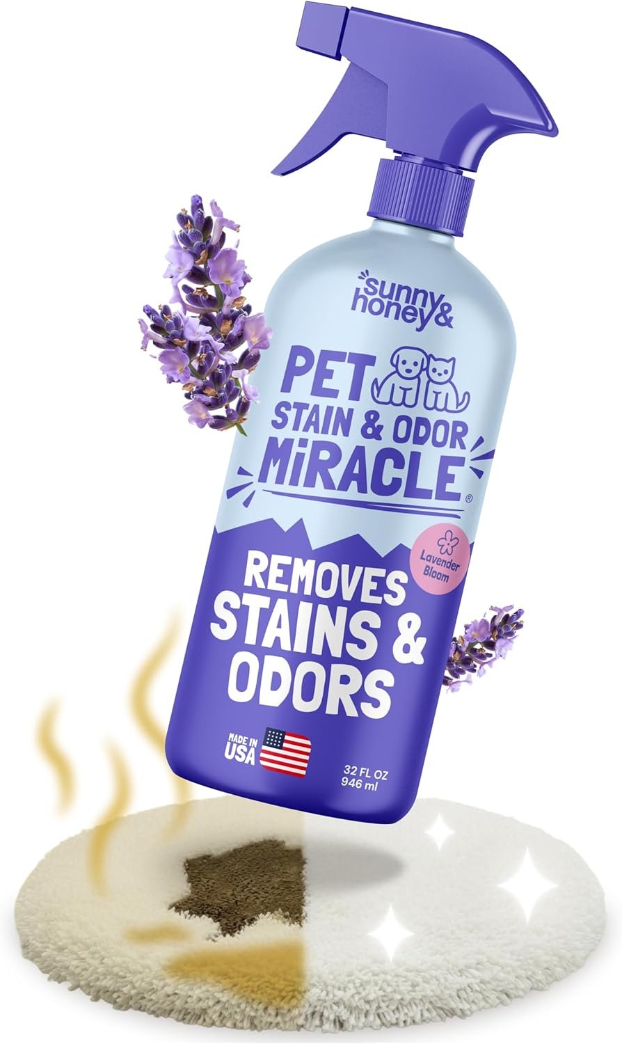 Sunny & Honey Pet Stain and Odor Remover – Enzyme Cleaner for Dog Urine and Poop on Carpets and Furniture – Strong Pet Carpet Cleaner Spray (32fl oz Lavender)