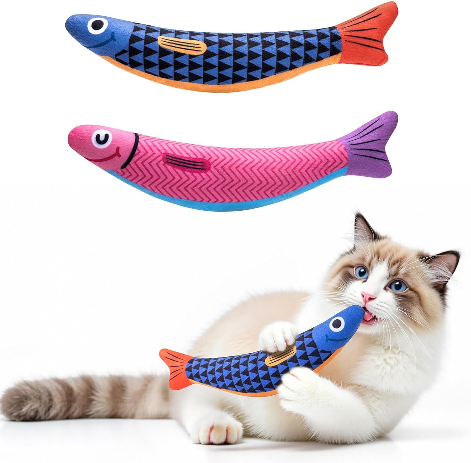 PetBusy Cat Toys with[5000mg A+Natural Catnip &Silvervine] [Baby Grade] Interactive Soft Chew Kicker Cat Toys for Indoor Cats & Kittens, [Crinkle &Bell] Fish Sound Toy, Drives Bored Cat Crazy with Fun