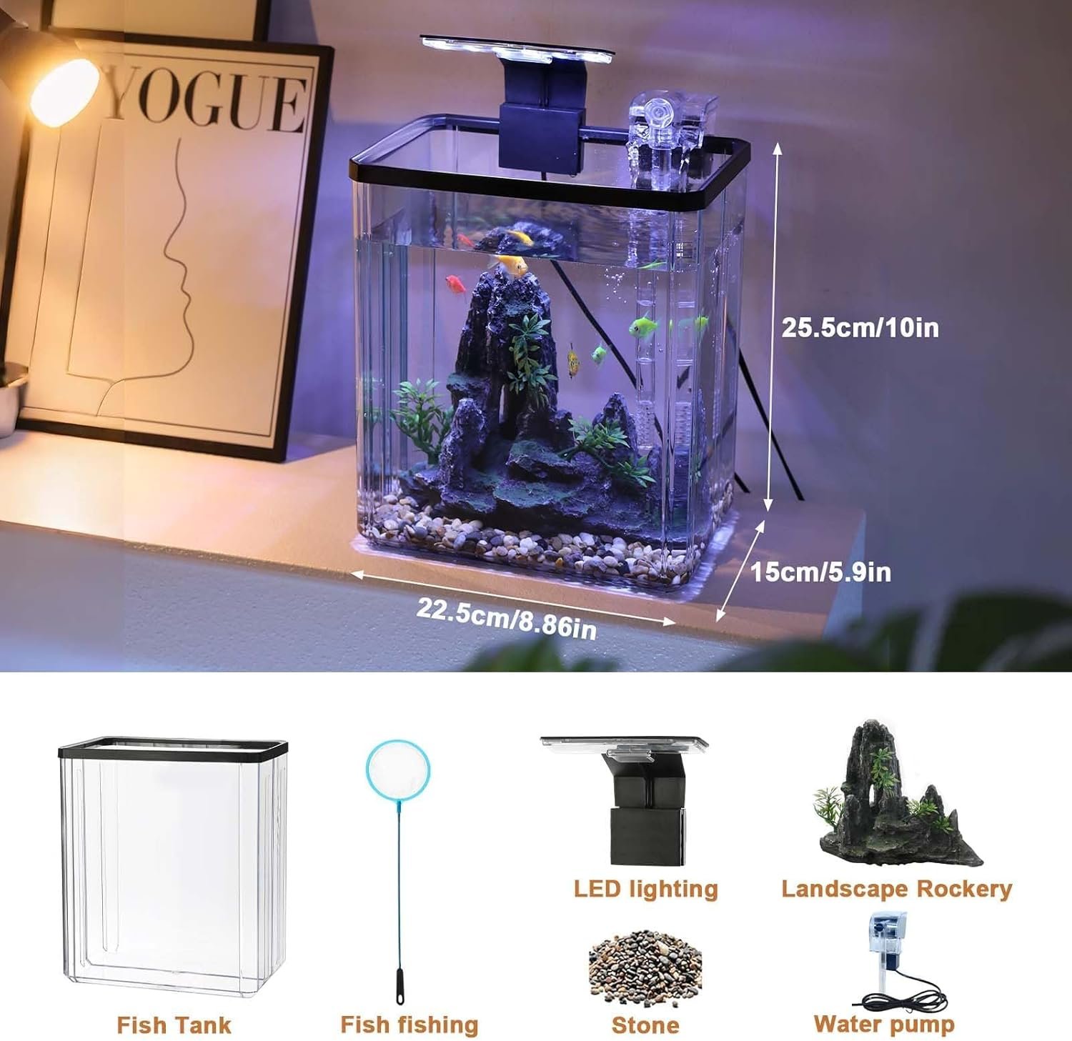 GarveeLife Small Fish Tank, Betta Fish Tank kit with LED Light, Oxygen Generator, Fish Tank Starter Kits for Beta,Goldfish (2.6 Gallon)