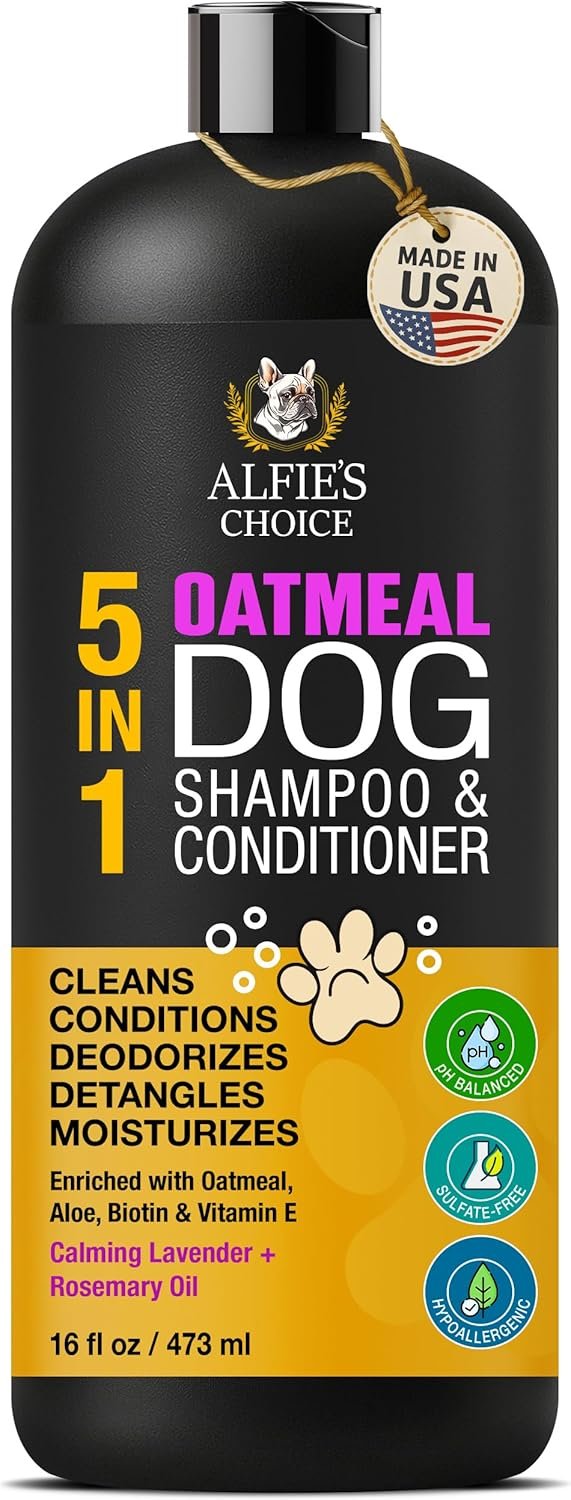 ALFIE’S CHOICE Oatmeal Dog Shampoo and Conditioner for Itchy Skin Relief | 16 fl oz | 5-in-1 Puppy Shampoo for Sensitive Skin | Cleans, Deodorizes & Detangles for All Breeds | Dog Wash Made in USA