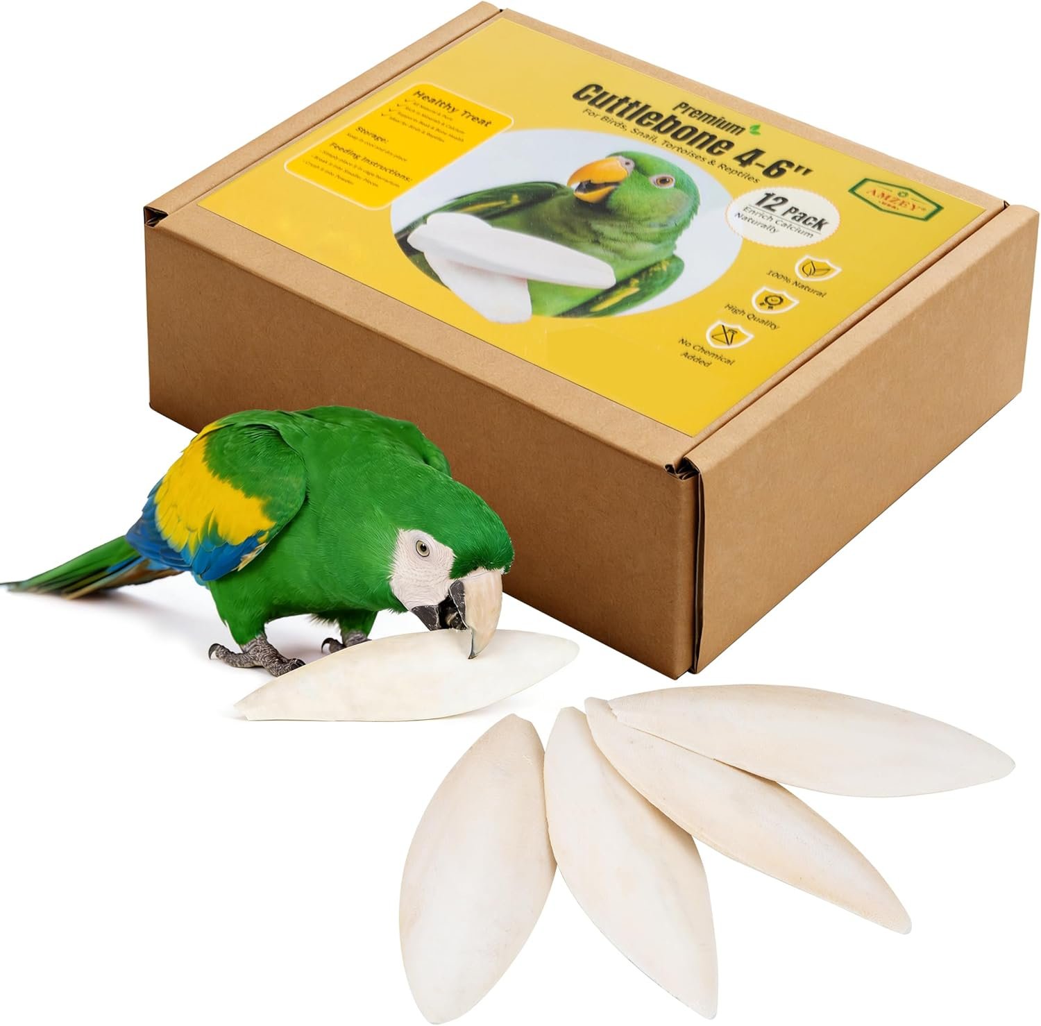 Amzey 12 Pack Cuttlebone for Birds, 4-6 Inches Sun-Dried 100% Natural Calcium Supplement, 100% Pure Cuttlefish Bone for Beak Trimming, Supports Healthy Bones, Feathers & Shells