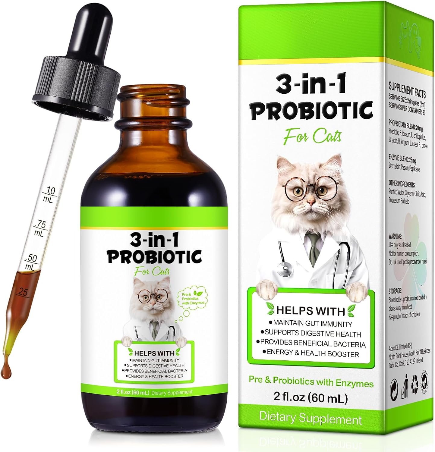 Probiotics for Cats, Cat Probiotic with Prebiotic and Enzymes, 3 in 1 Cat Probiotic Drops, Cats Probiotics Supplement Help Digestive Support Gut Health
