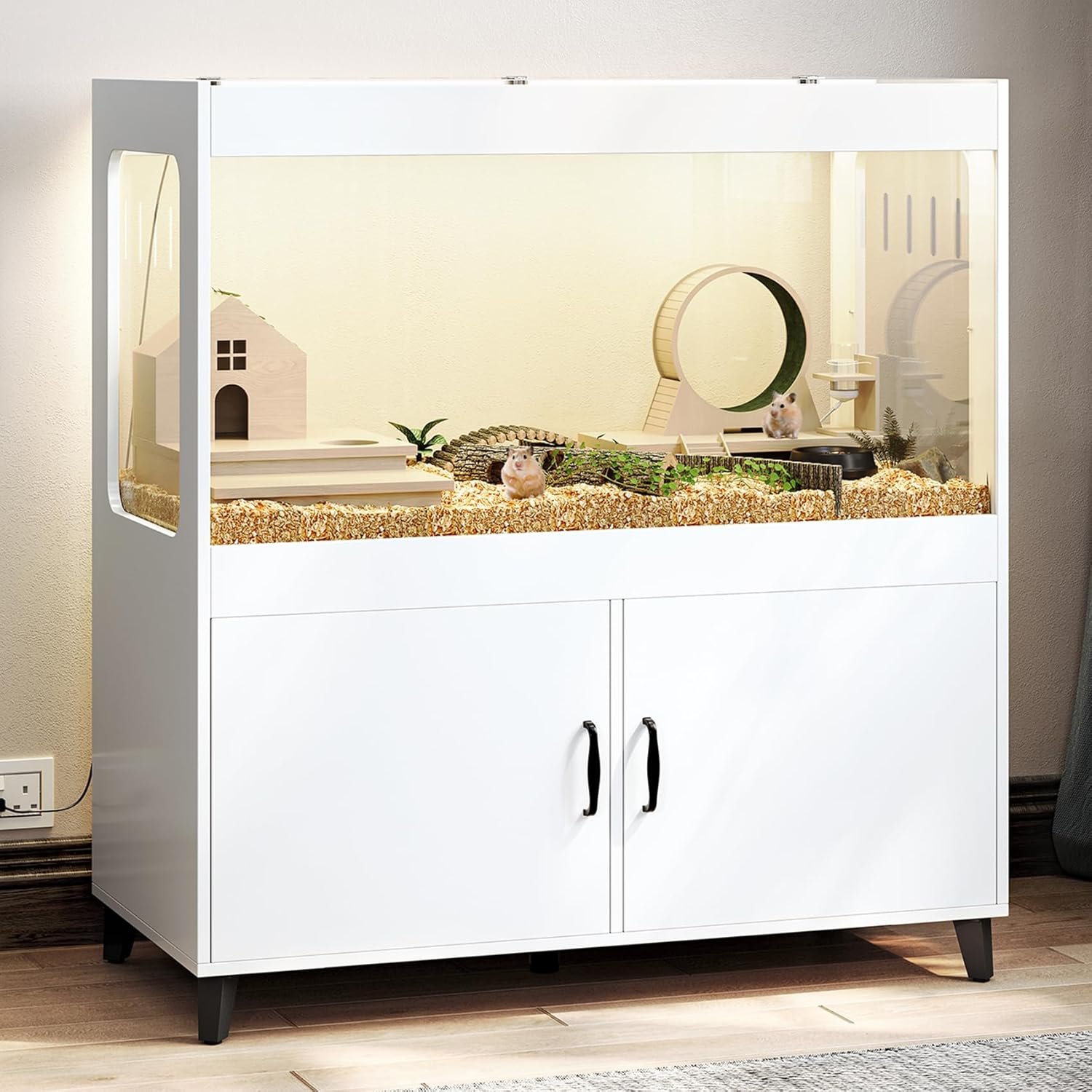 TC-HOMENY Large Hamster Cage Cabinet with Storage, Hamster Cage with LED Lights Easy 360° View Acrylic Panels, Small Animal Cage for Guinea Pig, Rat, Hedgehog, Ferret 39.5”L x 20”W x 43”H