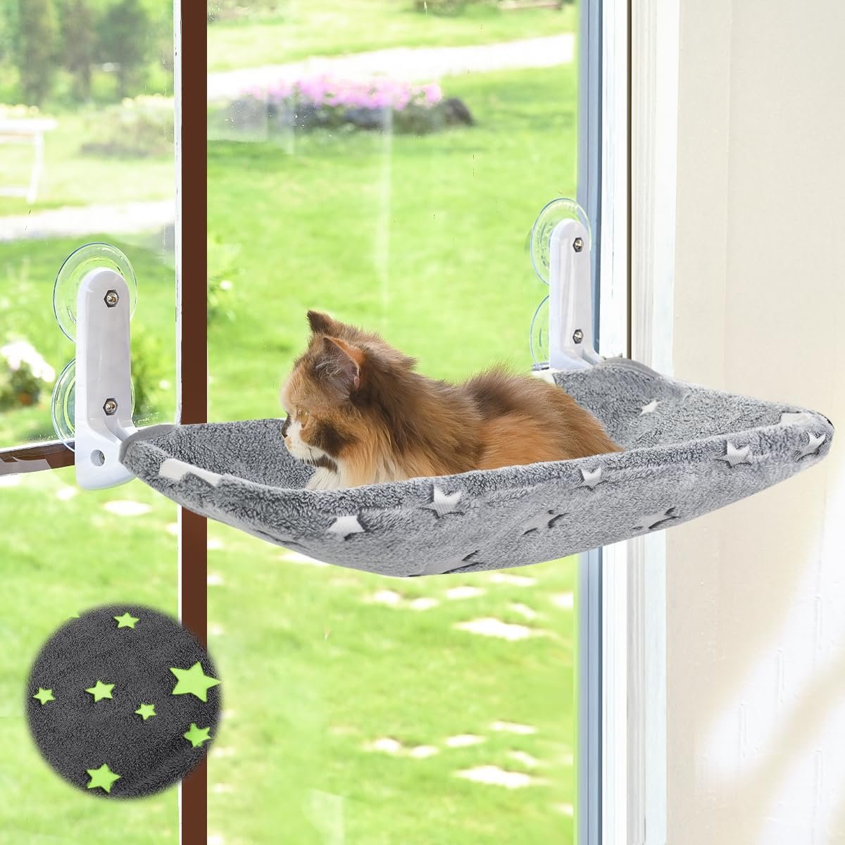 Cat Window Perch, Glow in The Dark Cordless Foldable Pet Hammock Bed for Window with Sturdy Metal Frame, Glowing Stars Pattern Resting Seat for Indoor Cats (Stars – M)