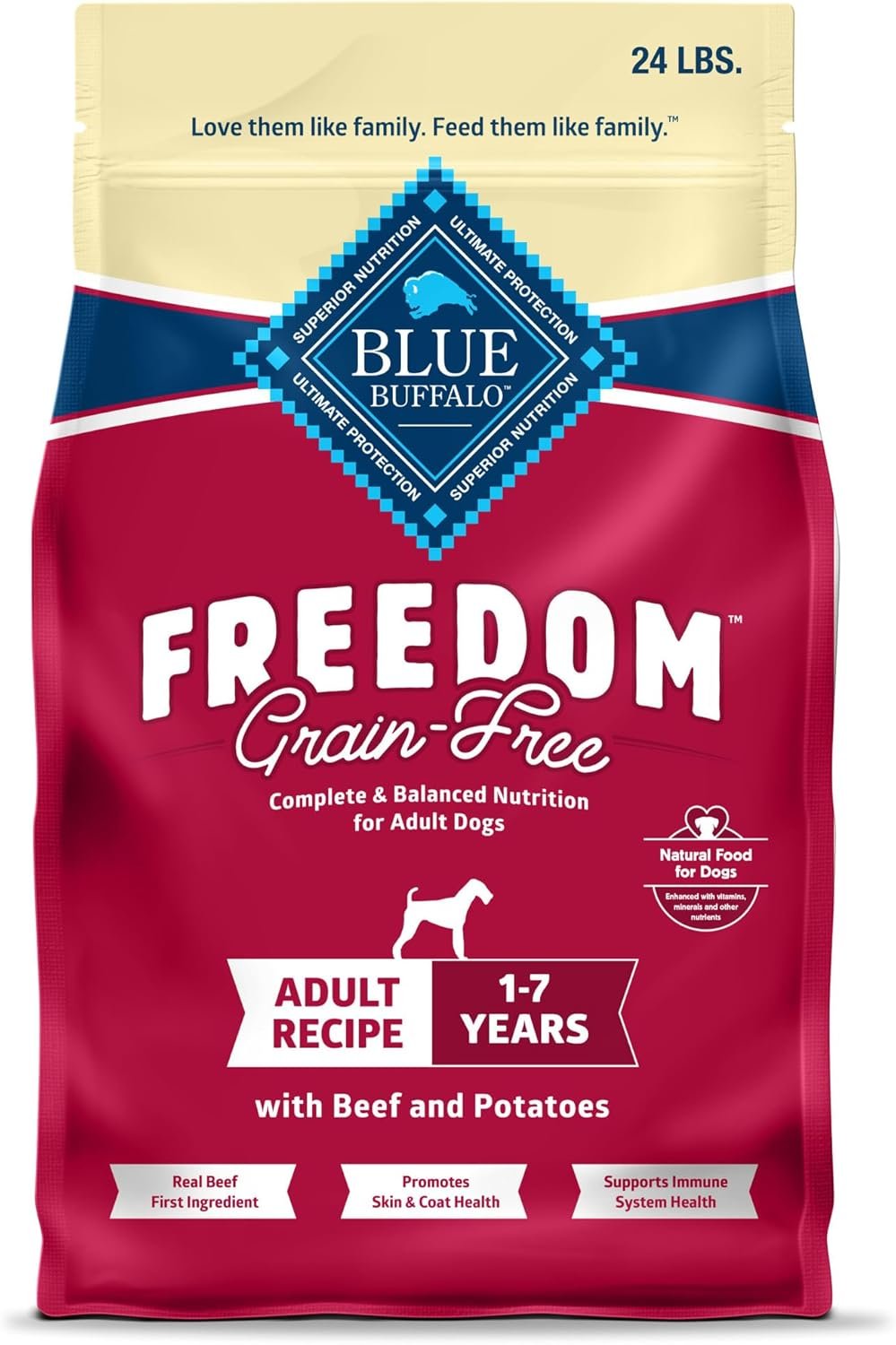 Blue Buffalo Freedom Grain-Free Dry Dog Food, Complete & Balanced Nutrition for Adult Dogs, Made in The USA with Natural Ingredients, Beef & Potatoes, 24-lb Bag