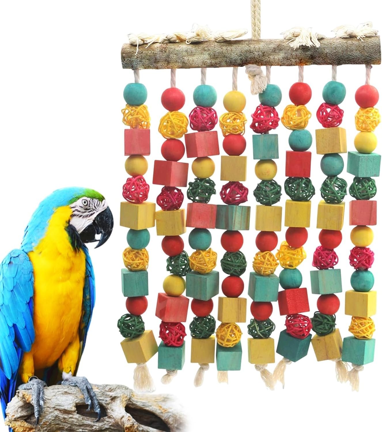 MQ Large Bird Parrot Toy,Bird Chewing Toy Natural Wooden Wooden Blocks Takraw Parrot Cage Bite Toy Suits for Large Medium Birds Macaws African Grey Cockatoos Amazon Parrots