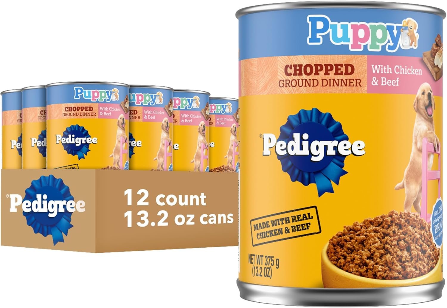 Pedigree Puppy Chopped Ground Dinner Wet Puppy Food with Chicken & Beef, Canned Dog Food, 13.2 oz. Cans, 12 Count