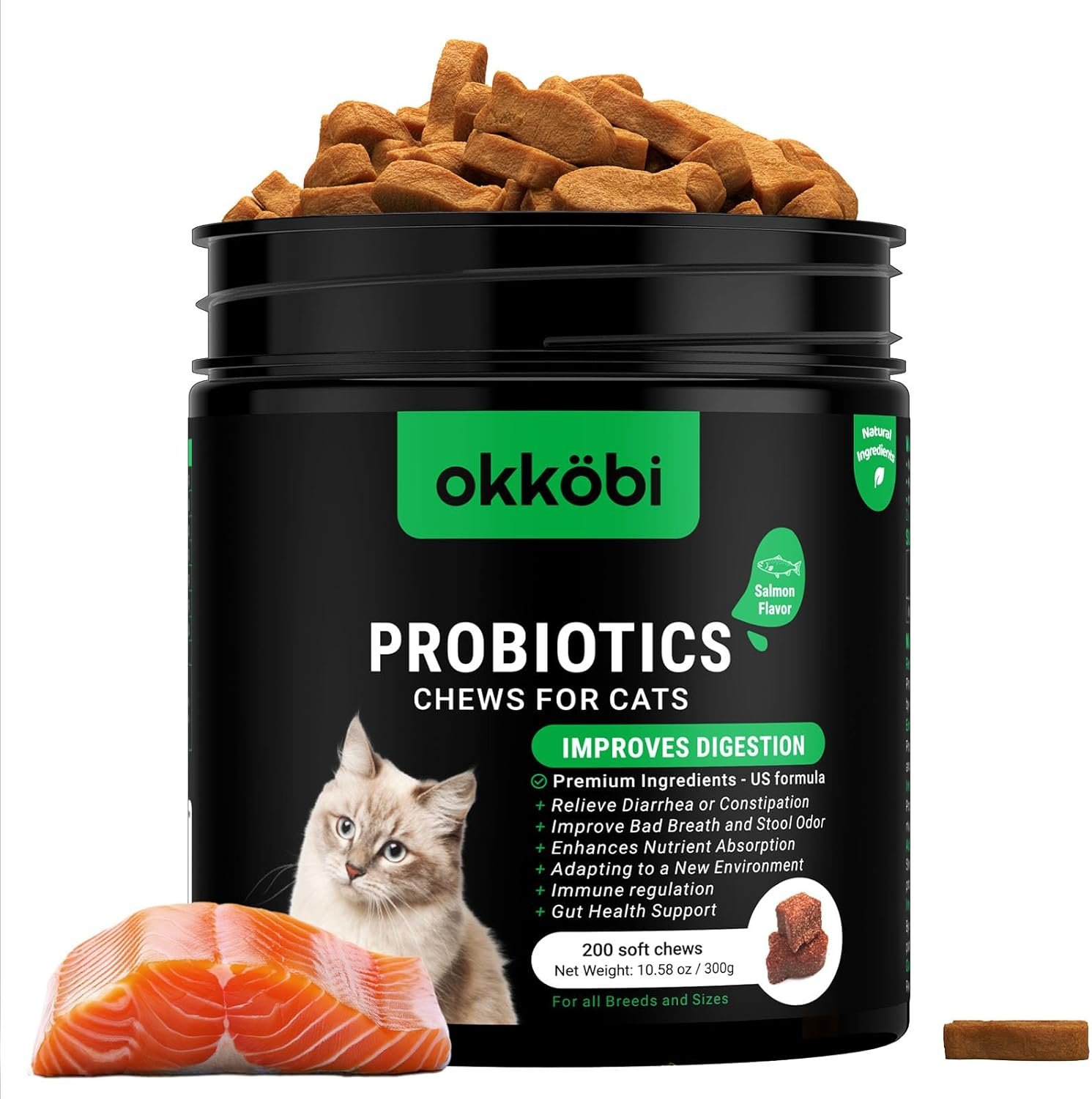 Probiotics for Cats Chews 200PCs – Digestive, Gut Health & Diarrhea Support – Probiotic Chews for Feline – Expert Approved US Formula with Cat Probiotics, Enzymes & Natural Ingredients – Salmon