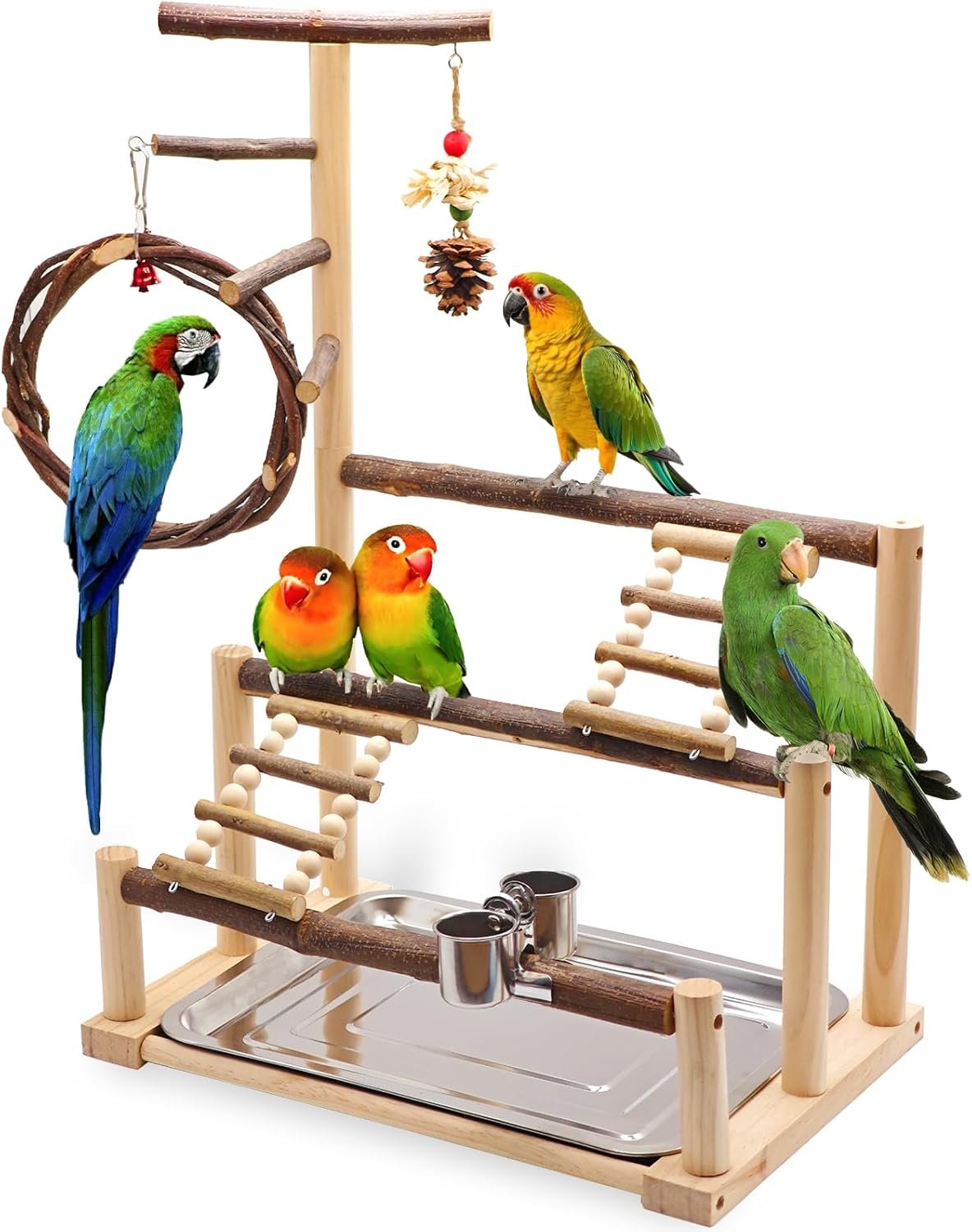 ‌Bird Playground, Natural Wooden Parrot Stand with Feeding Cups, Swing, Chew Toys, and Other Cage Accessories for Small to Medium Birds.Ideal for Cockatiels, Budgies, African Greys, and Conures