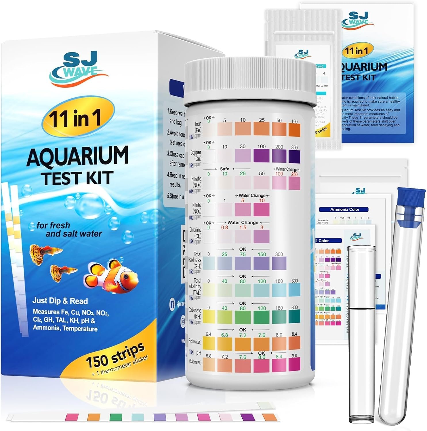 11 in 1 – Aquarium Test Strips | 950 Tests – 150 Strips | Fish Tank Aquariums Water Test Kit & ebook | Aquarium Thermometer | Fish Tank Water Testing Kit Includes 50 Ammonia Strips | Versatile Usage
