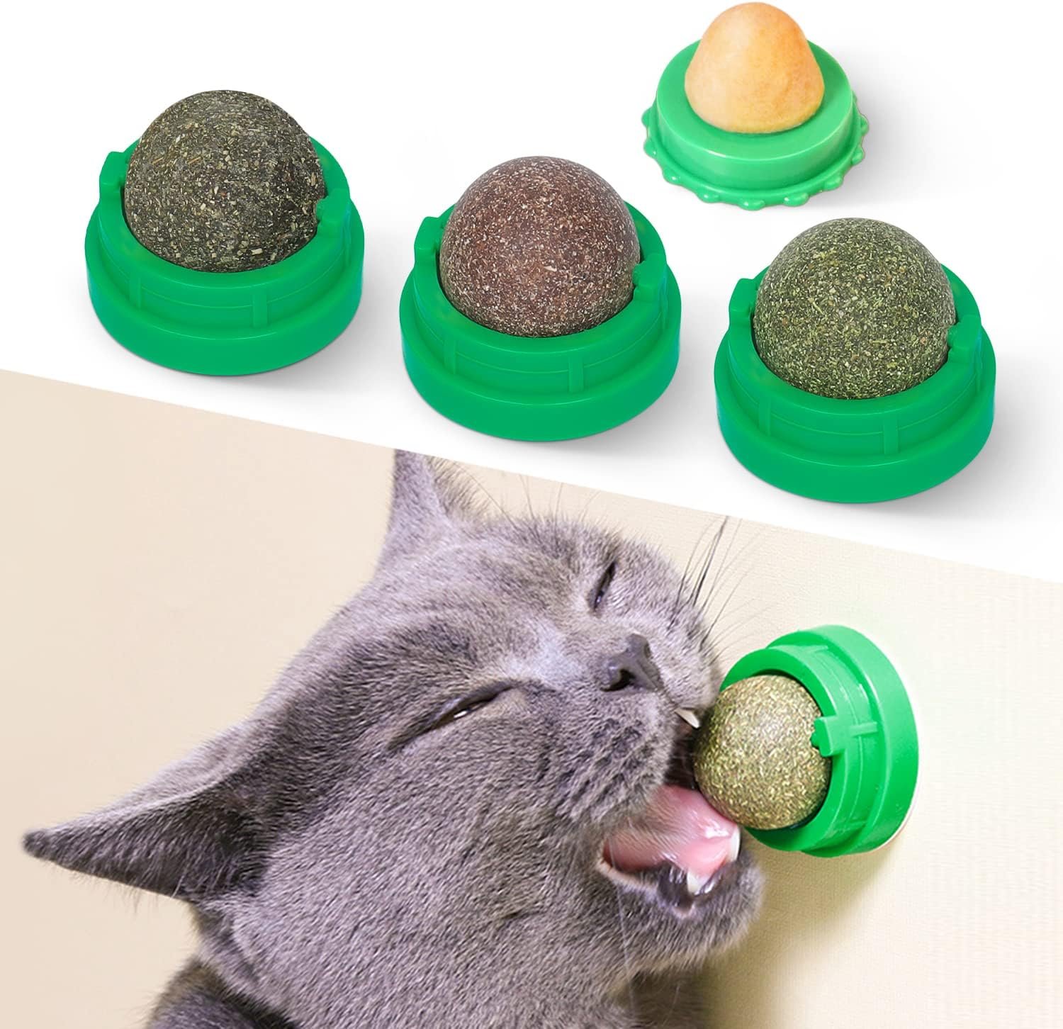 Potaroma Catnip Toys Balls 4 Pcs, Extra Cat Energy Ball, Edible Kitten Silvervine Toys for Cats Lick, Healthy Kitty Teeth Cleaning Dental Chew Toys, Cat Wall Treats (Green)