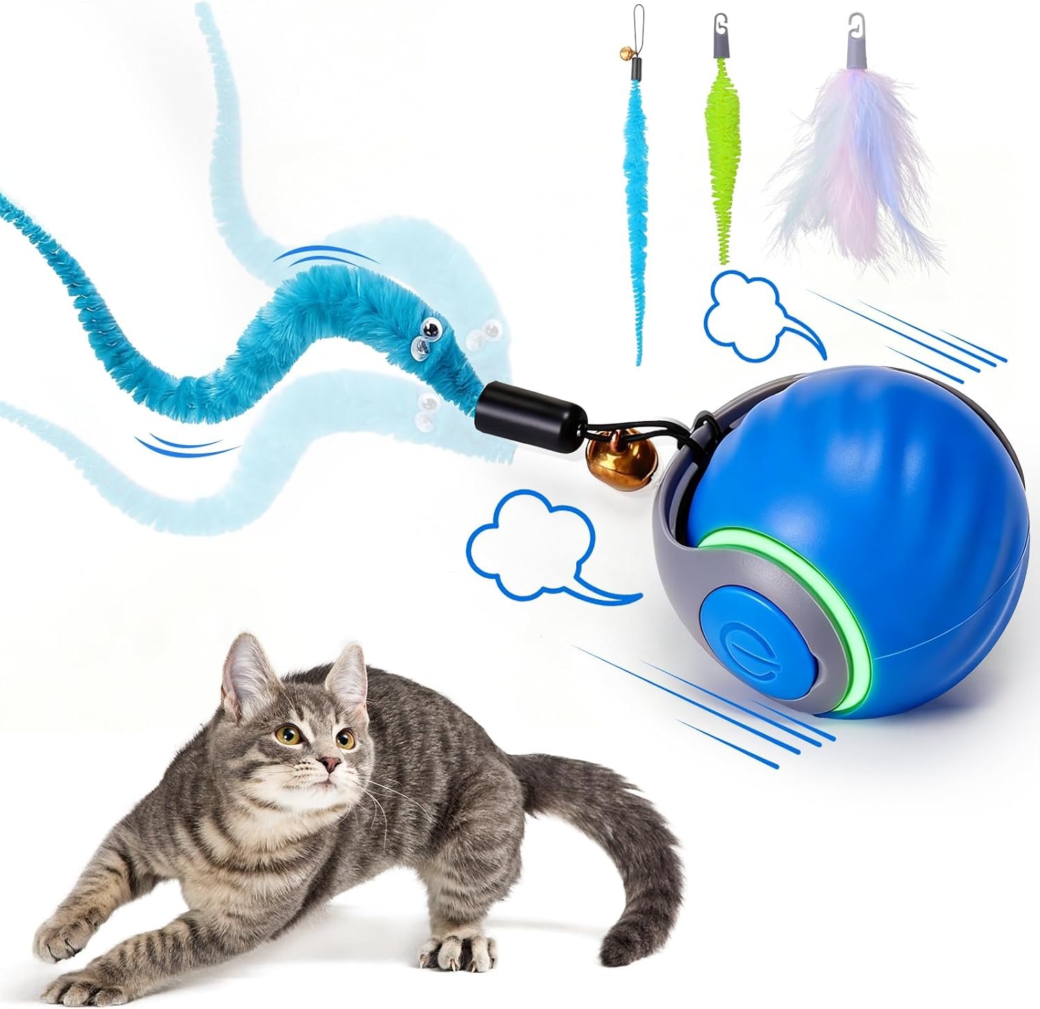 BABORUI Interactive Cat Toy Ball – Automatic Interactive Cat Toys for Indoor Cats with 3 Tails, 2 Speeds Rechargeable Cat Enrichment Toys for Small/Medium/Large Cats to Keep Them Busy(Blue)