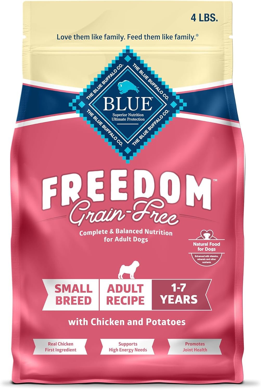 Blue Buffalo Freedom Grain-Free Small Breed Dry Dog Food, Supports High Energy Needs, Made in the USA with Natural Ingredients, Chicken & Potatoes, 4-lb Bag