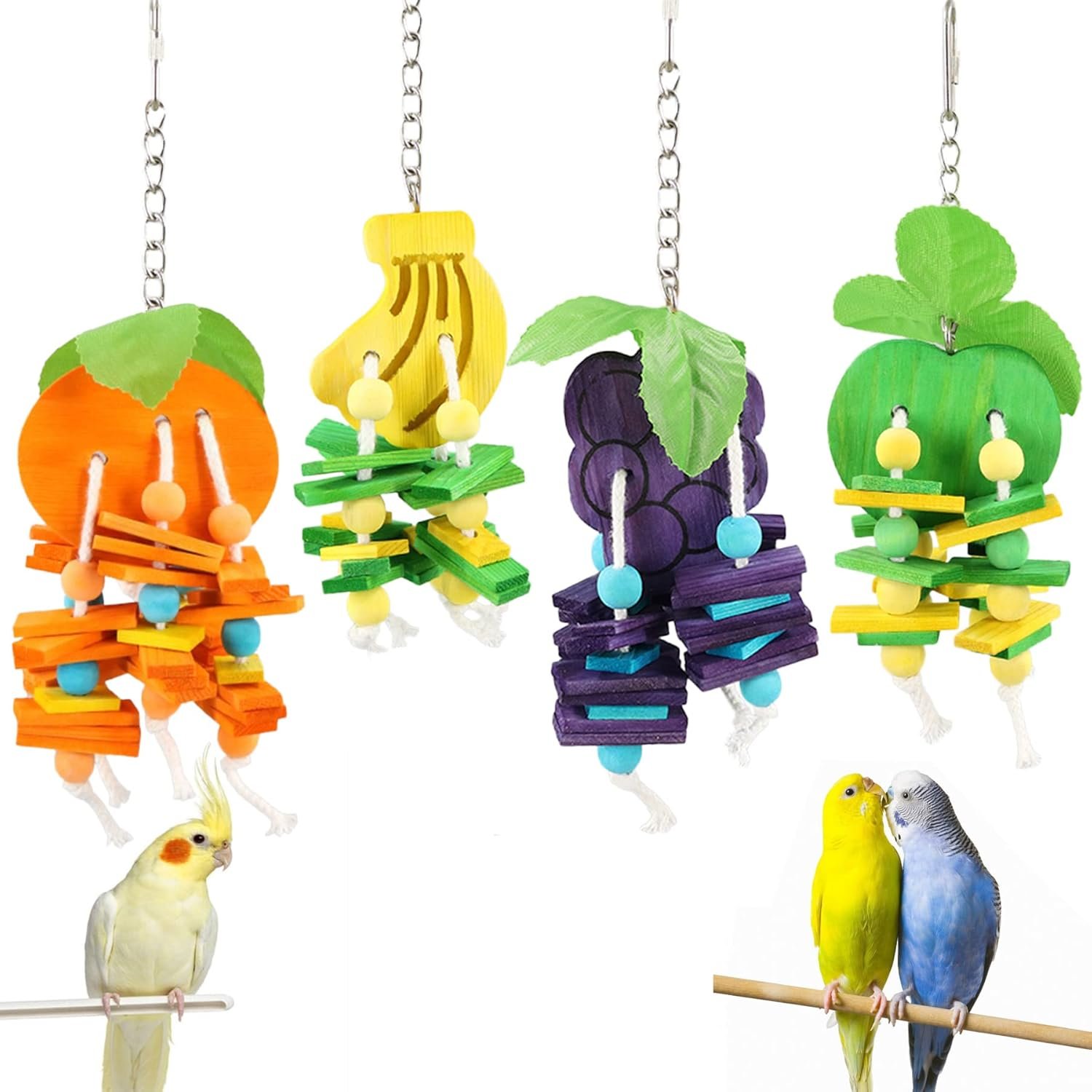 JSLZF Bird Chewing Toy for Parrot Cockatiel Conure Wood Block Cage Hanging Foraging Budgie Bite Toy for Parakeet Small (4PCS Fruit Shape)