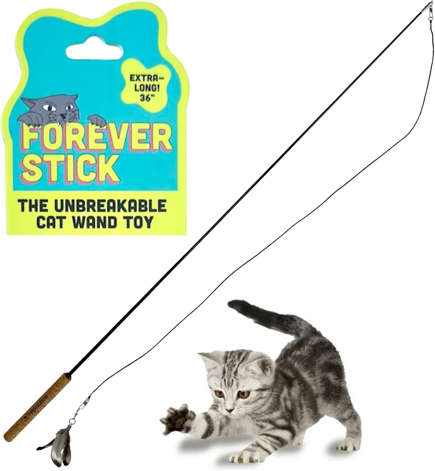 Forever Stick – The Unbreakable Cat Wand Toy, Durable Cat Toy Wand, Extra Long Cat String Toy, Cat Fishing Pole Toy for Bored Indoor Adult Cats, Cat Stick Toy, Cat Feather Wand, Cat Teaser Wand