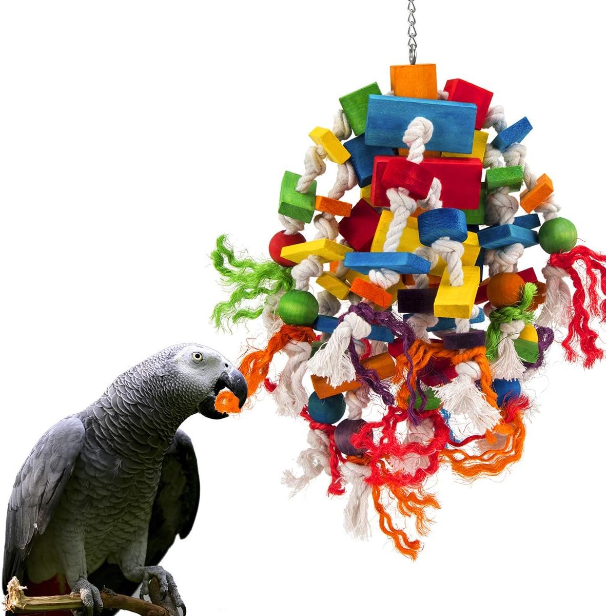 Large Parrot Toy – Multicolored Natural Wood Blocks Tearing Toys for Birds Suggested for African Grey, Macaw and Amazon Parrots