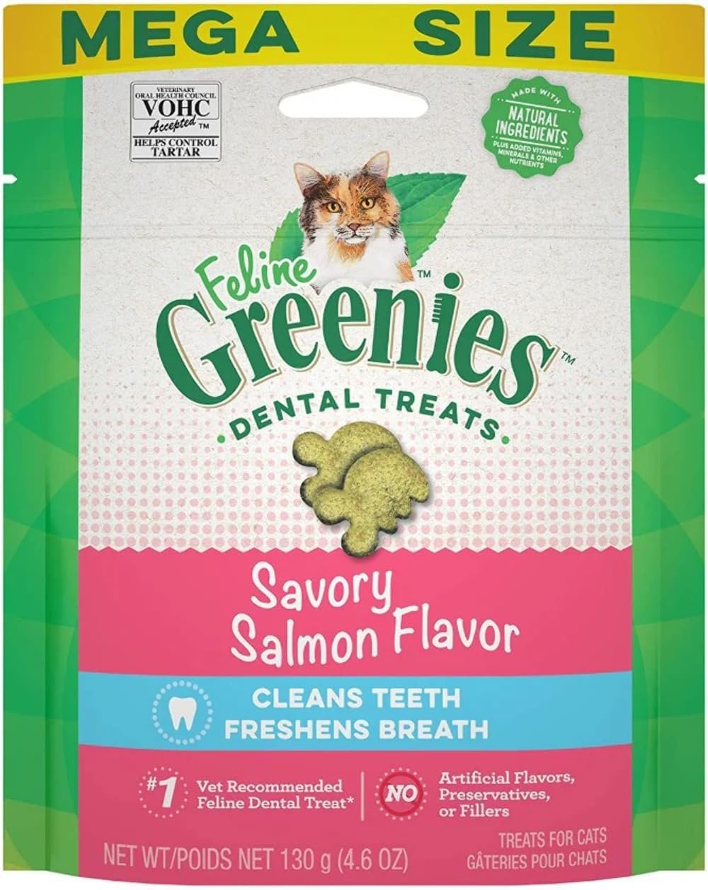 Greenies Cat Treats, Feline Veterinarian-Recommended Adult Natural Dental Cat Treats, Savory Salmon Flavor, 4.6 oz. Pouch