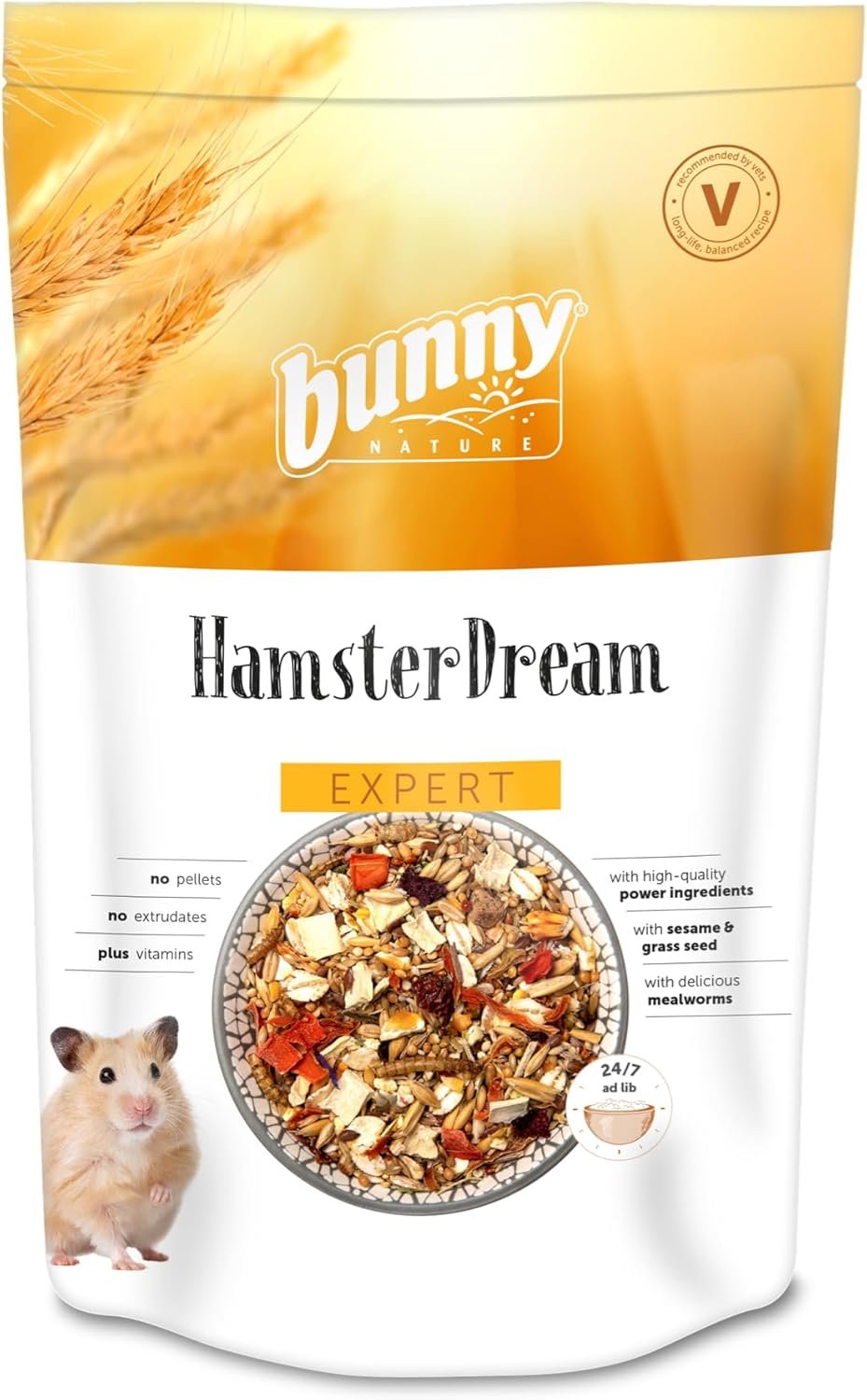 Bunny Nature HamsterDream Expert Food – All Natural Mix for Syrian & Dwarf Hamsters with Mealworms – Supports Foraging & Digestion – No Pellets, 1.1 lbs