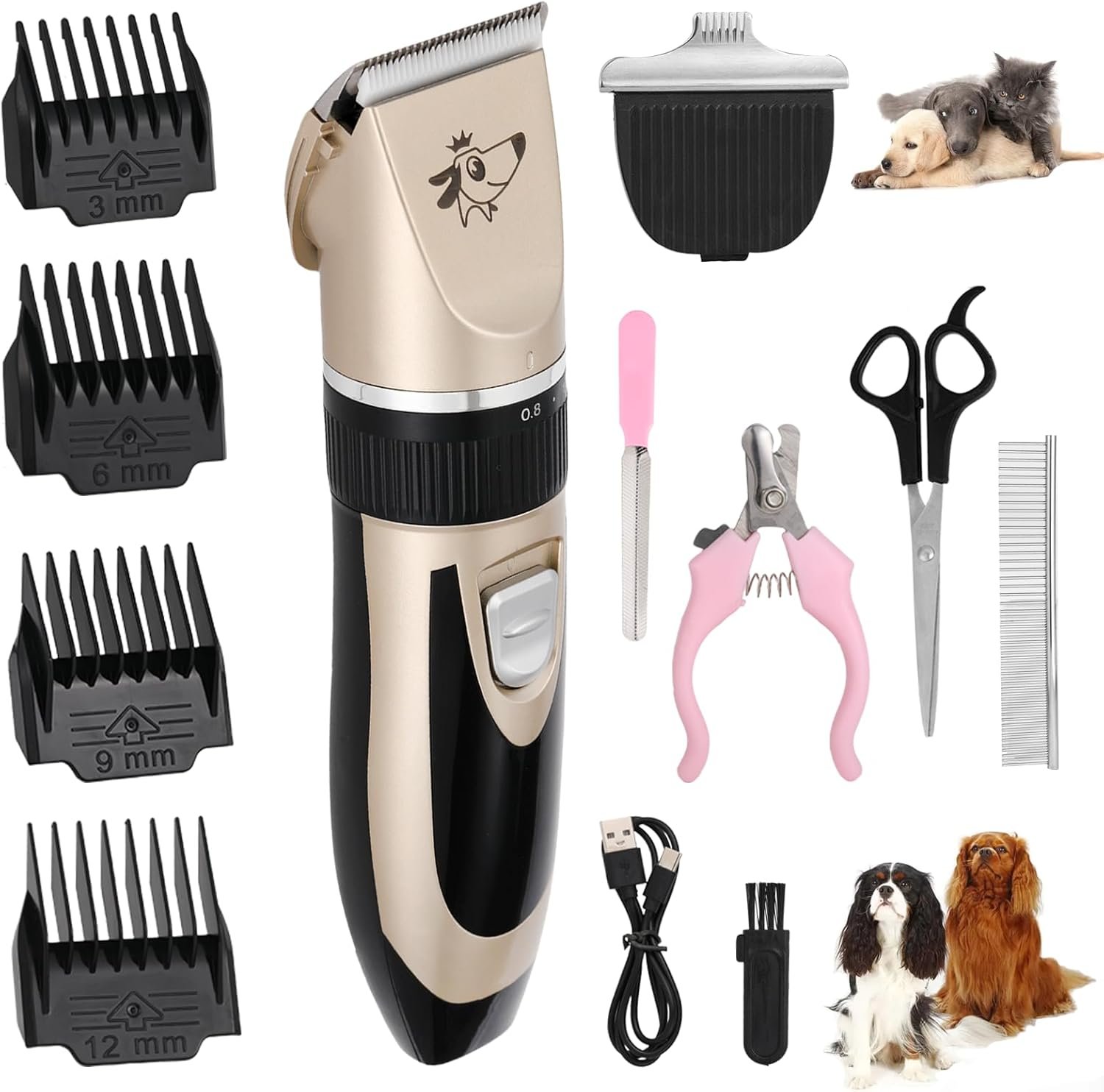 Aovdy Dog Clippers Grooming Kit, Low Noise with Rechargeable, Pet Shaver Cordless Electric Quiet Hair Thick Coats Clippers Trimmers Set for Dogs Cats Rabbit Pets (Gold)