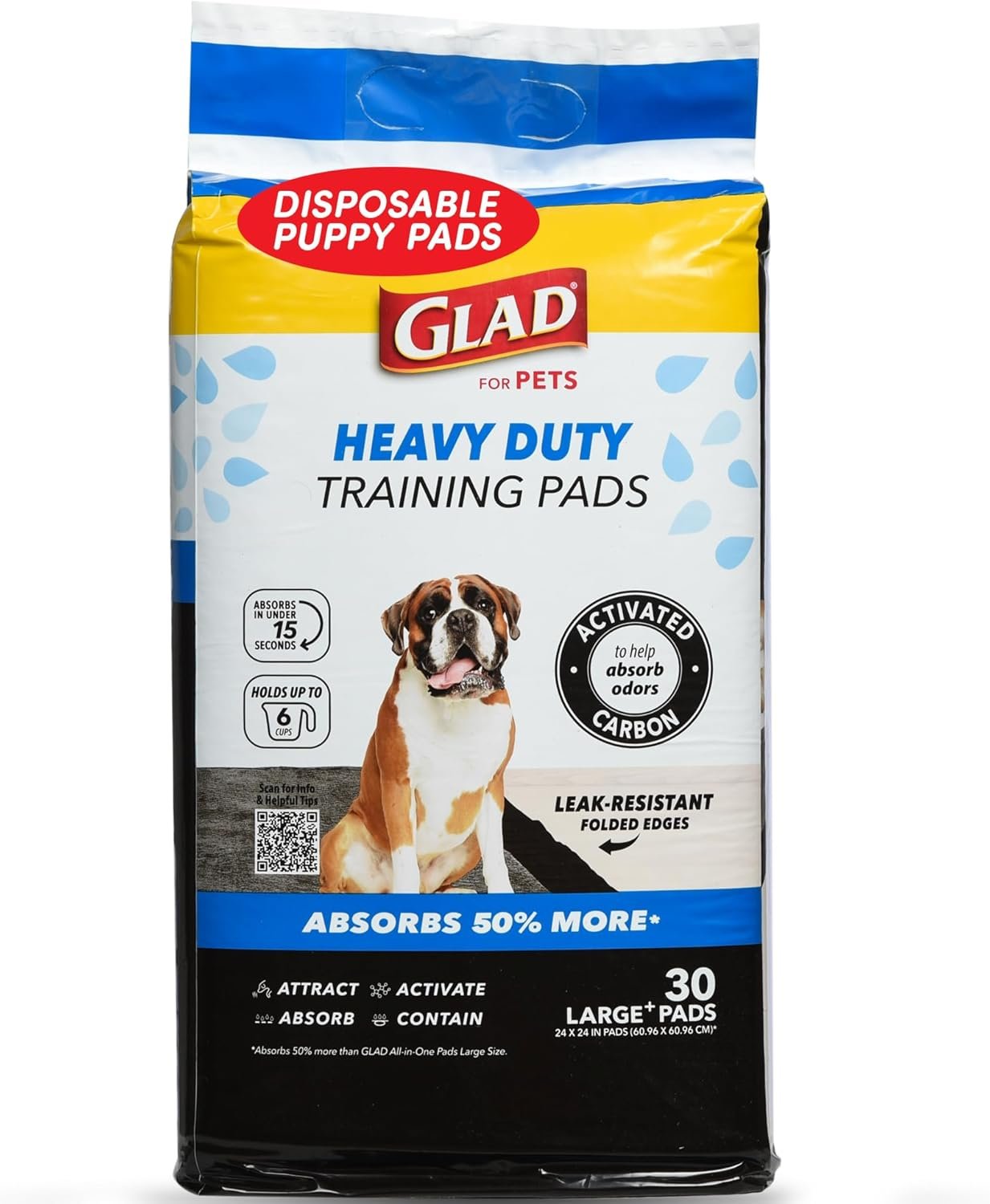 Glad for Pets XL Heavy Duty Activated Carbon Puppy Essentials Training Pads – Zero Odor, Ultra Absorbent Pads for Puppy Potty Training, Indoor Dog Potty, Pee Pads for Dogs, 24″ x 24″, 30 Count