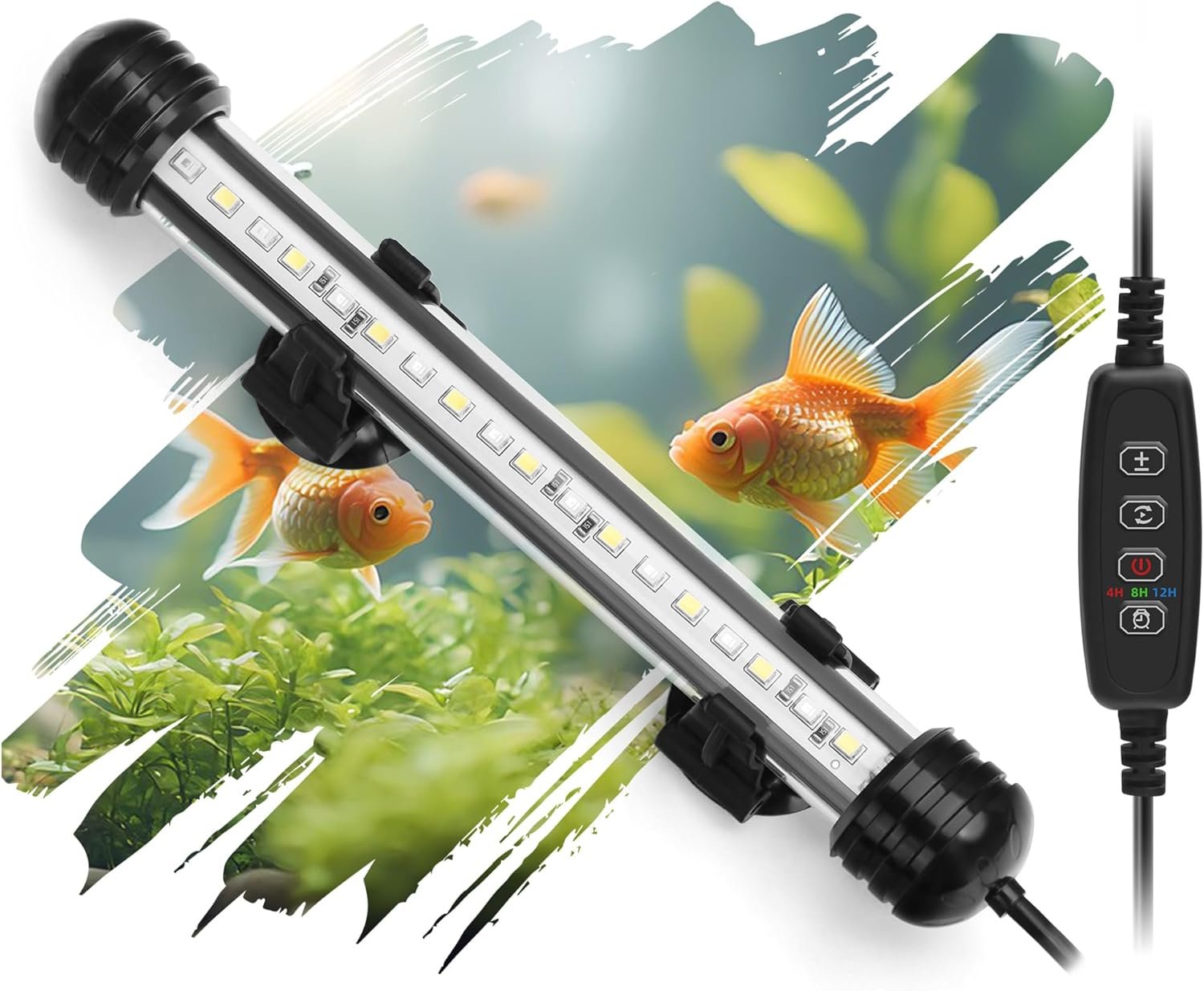 LED Submersible Aquarium Light 4W Underwater Fish Tank Light with Blue White&Blue and White Three Light Modes Timer Automatic On/Off and Dimmer Brightness Adjustable (7.5inch)
