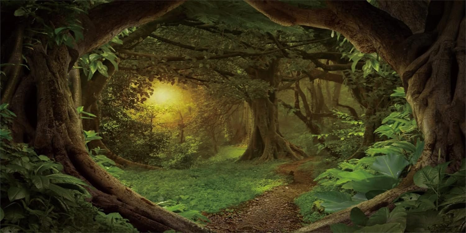 AWERT 30×18 inches Psychedelic Forest Terrarium Background Dim Old Trees Woodland Reptile Habitat Background Green Rainforest Aquarium Background Vinyl Background