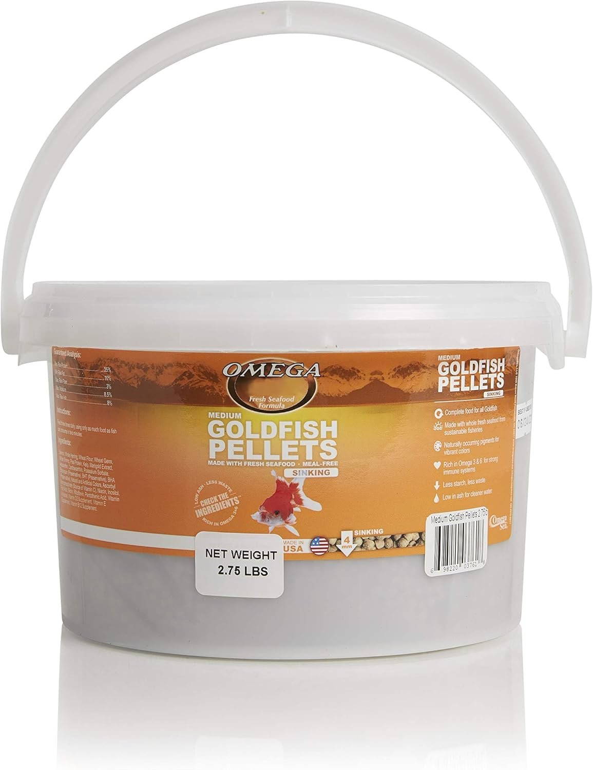 Omega One Goldfish Pellets, Sinking, 4mm Medium Pellets, 2.75 lb Bucket