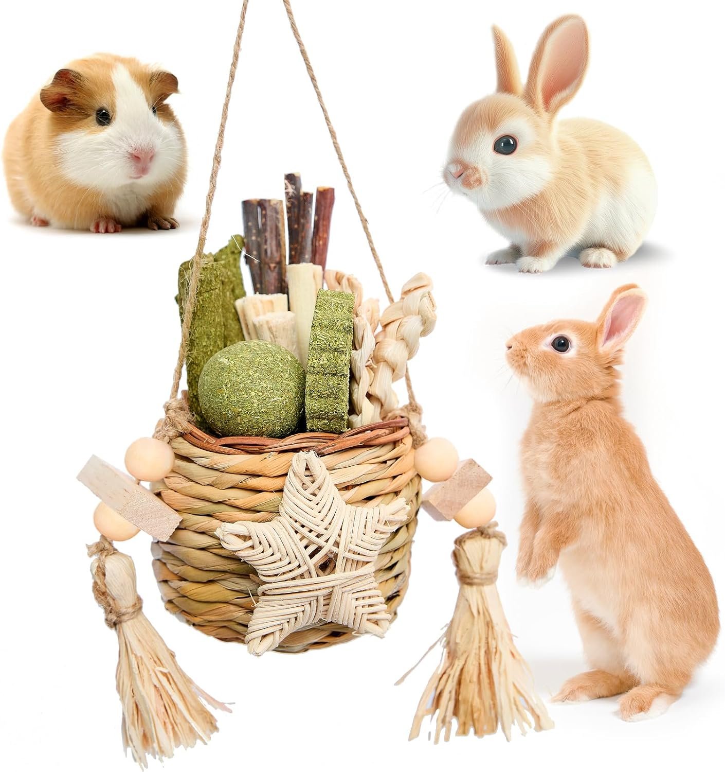 Jorewood Natural Reedgrass Chew Toy Basket for Small Pets – Hanging Rodent Dental Toys with Hay Lollipop, Apple Sticks, Sweet Bamboo (Hamsters, Rabbits, Chinchillas, Guinea Pigs)