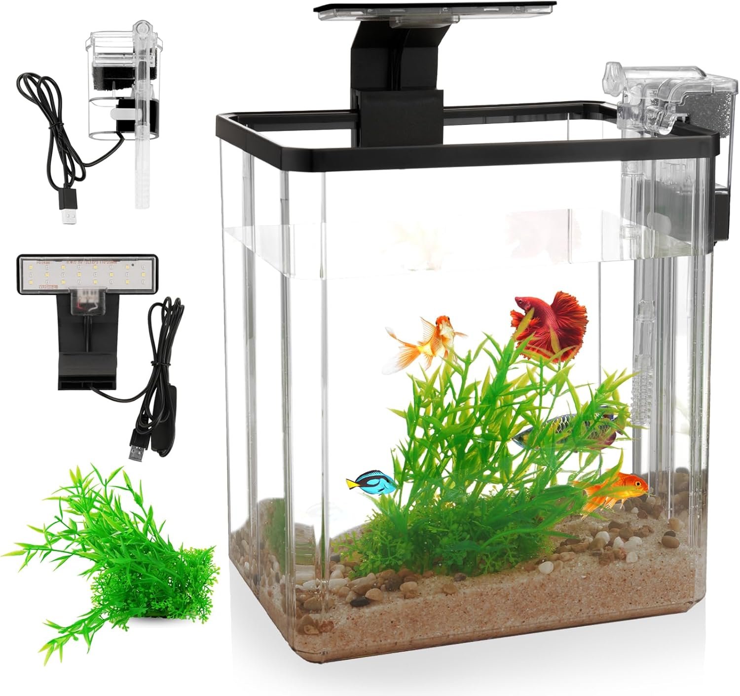 1.5 Gallon Aquarium Starter Kits – Plastic Fish Tank Kit Clear Beta Fish Tank Small with Filteration Oxygenation, Water Circulation, Lighting – Beginner’s Gift for Guppy, Shrimp, Goldfish